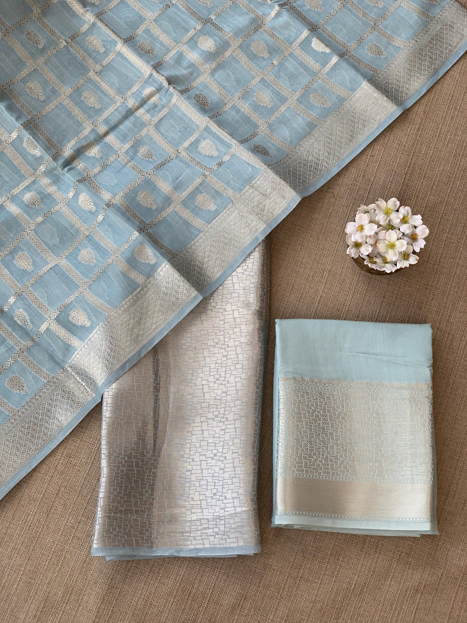 Powder Blue Banarasi Mul Silk Brocade 3-pc Sharara Suit set : SS62J16