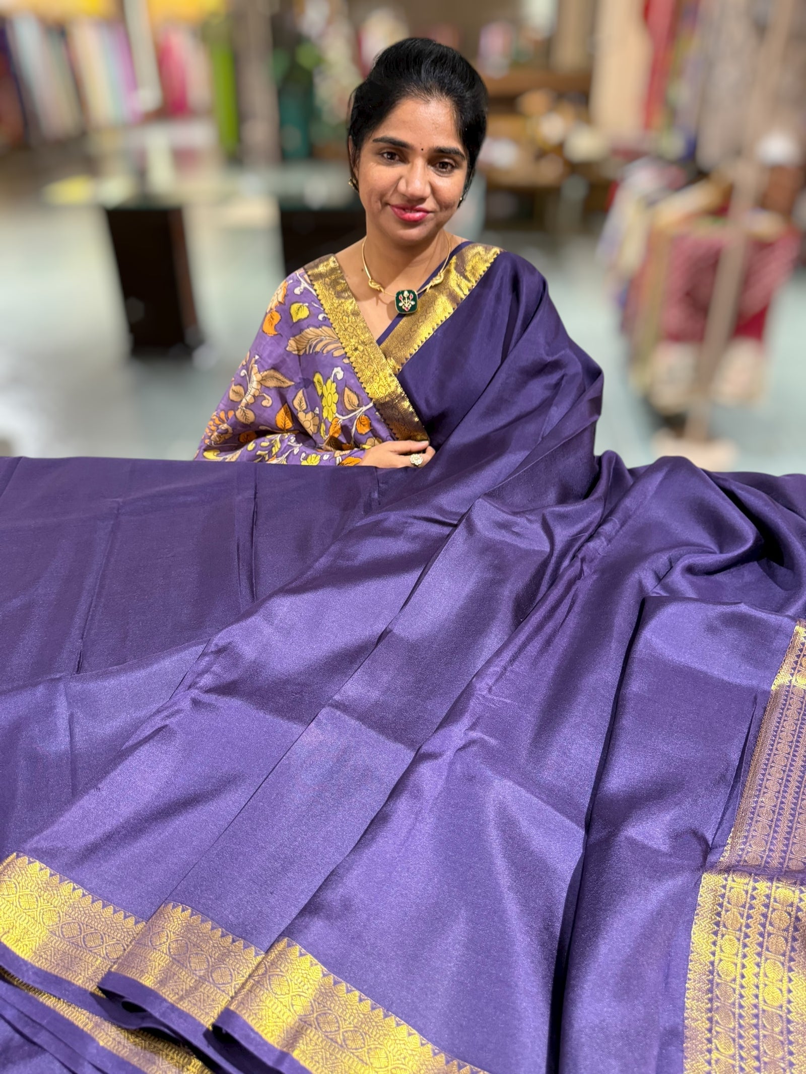 Violet vintage Kanchipuram silk saree with pen kalamkari blouse