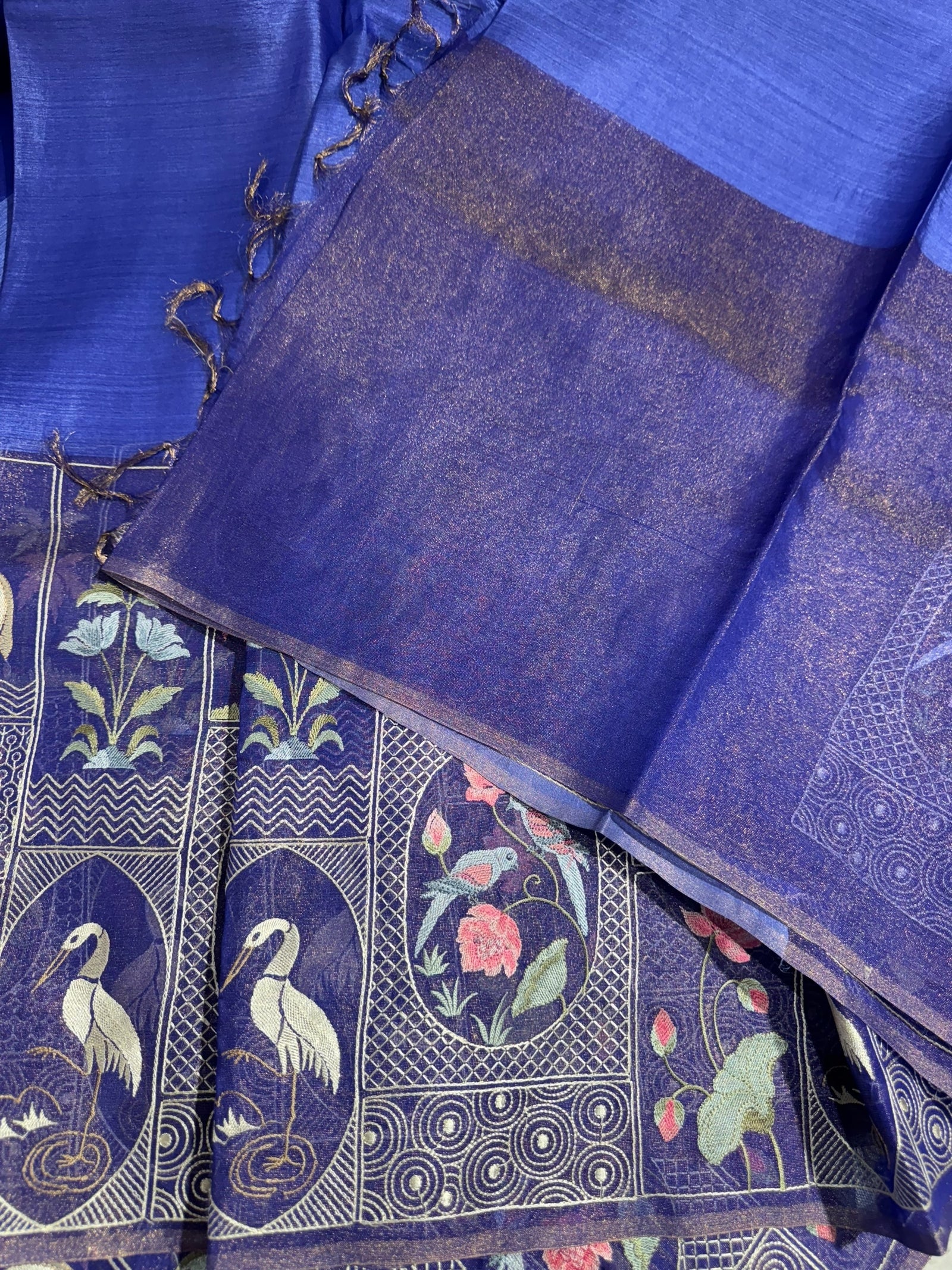 Royal Blue Kora-Tussar blend Handloom Saree with Tissue embroidered Skirt Border