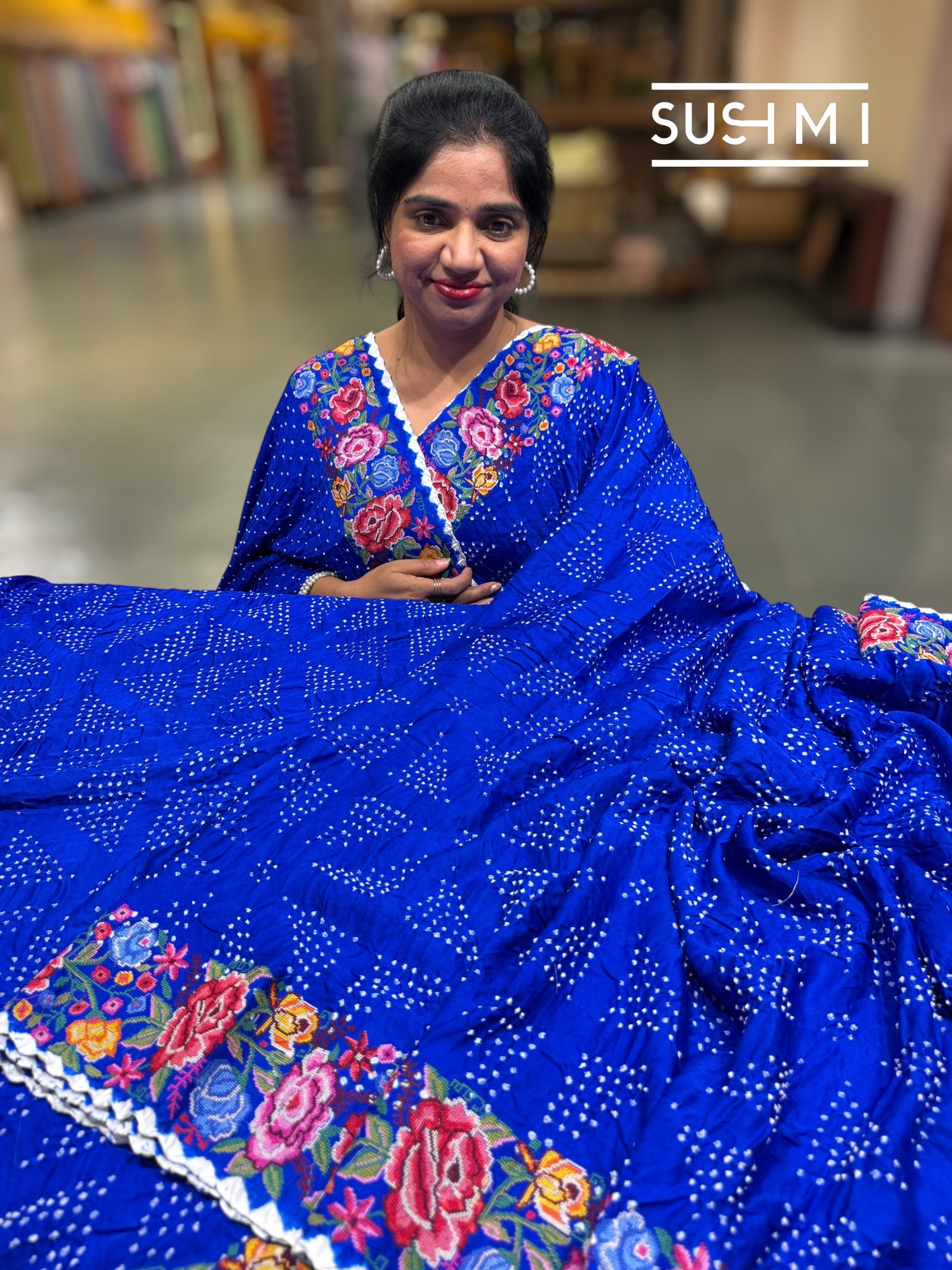 Electric Blue Pure Gajji Silk Rai bandhej Saree with petite point embroidery : SM081