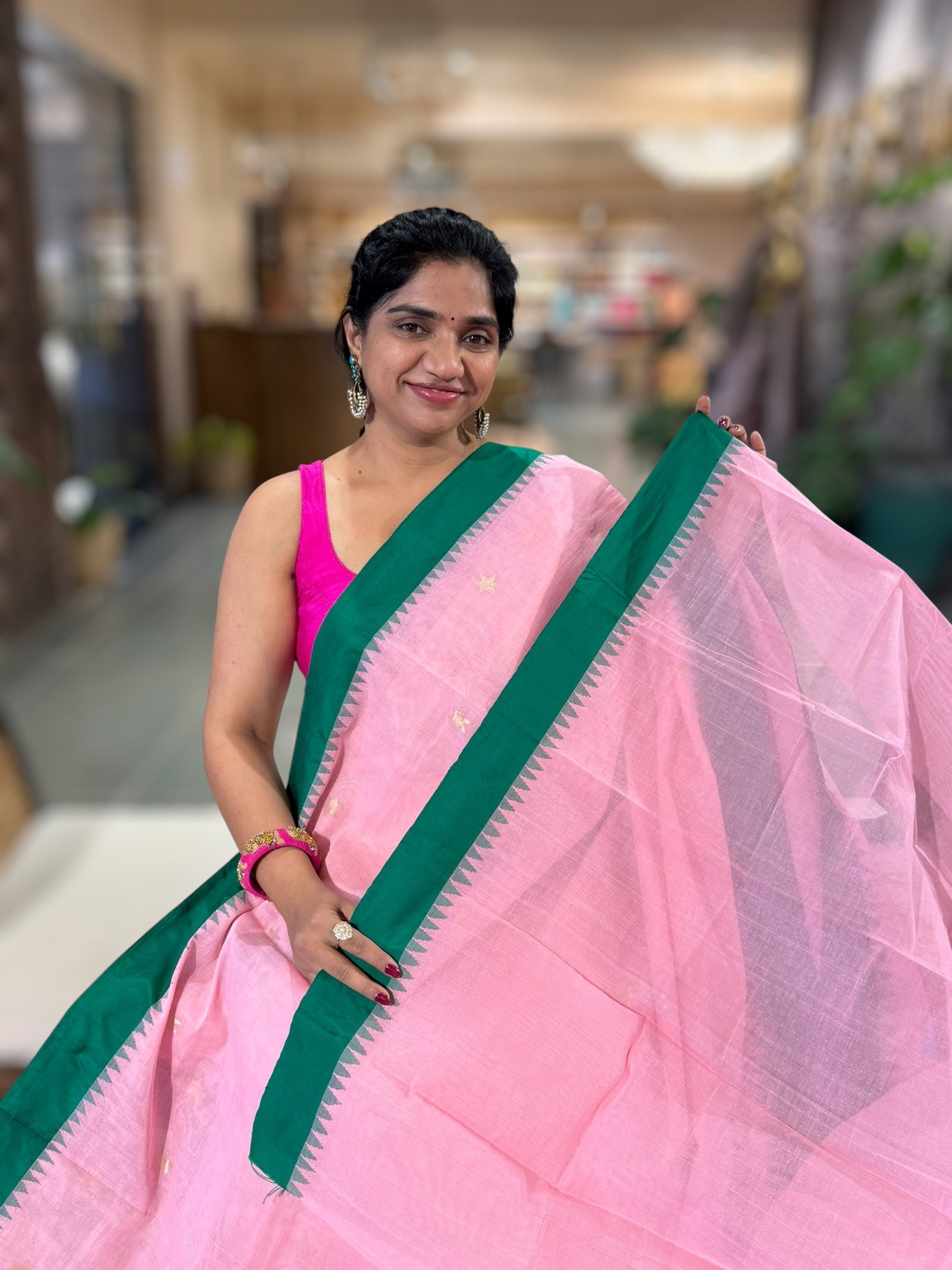 Baby Pink Ponduru Khadi Saree with Silk Temple Border & Jamdani Duck Pallu