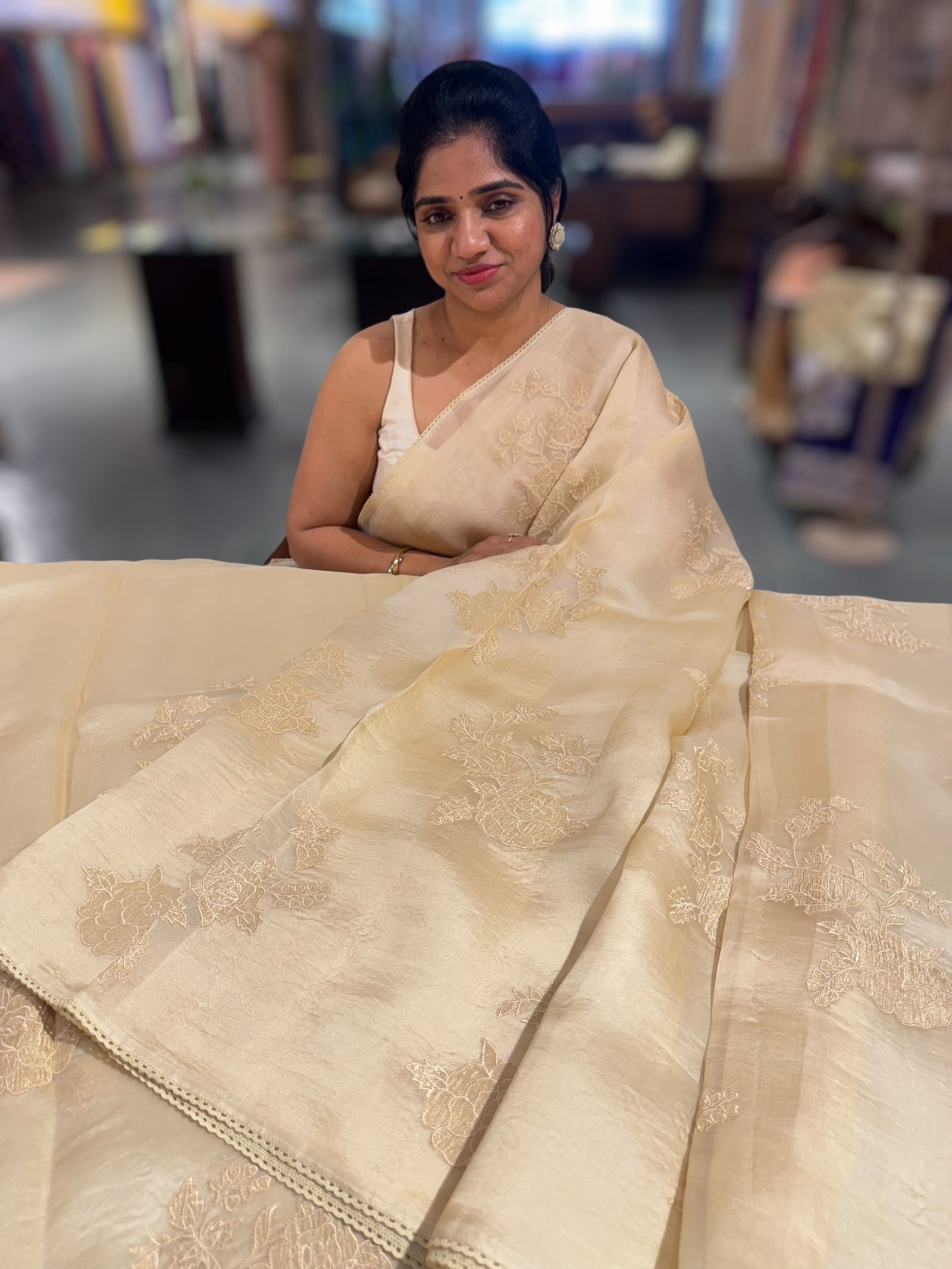 Beige Pure Organza with applique