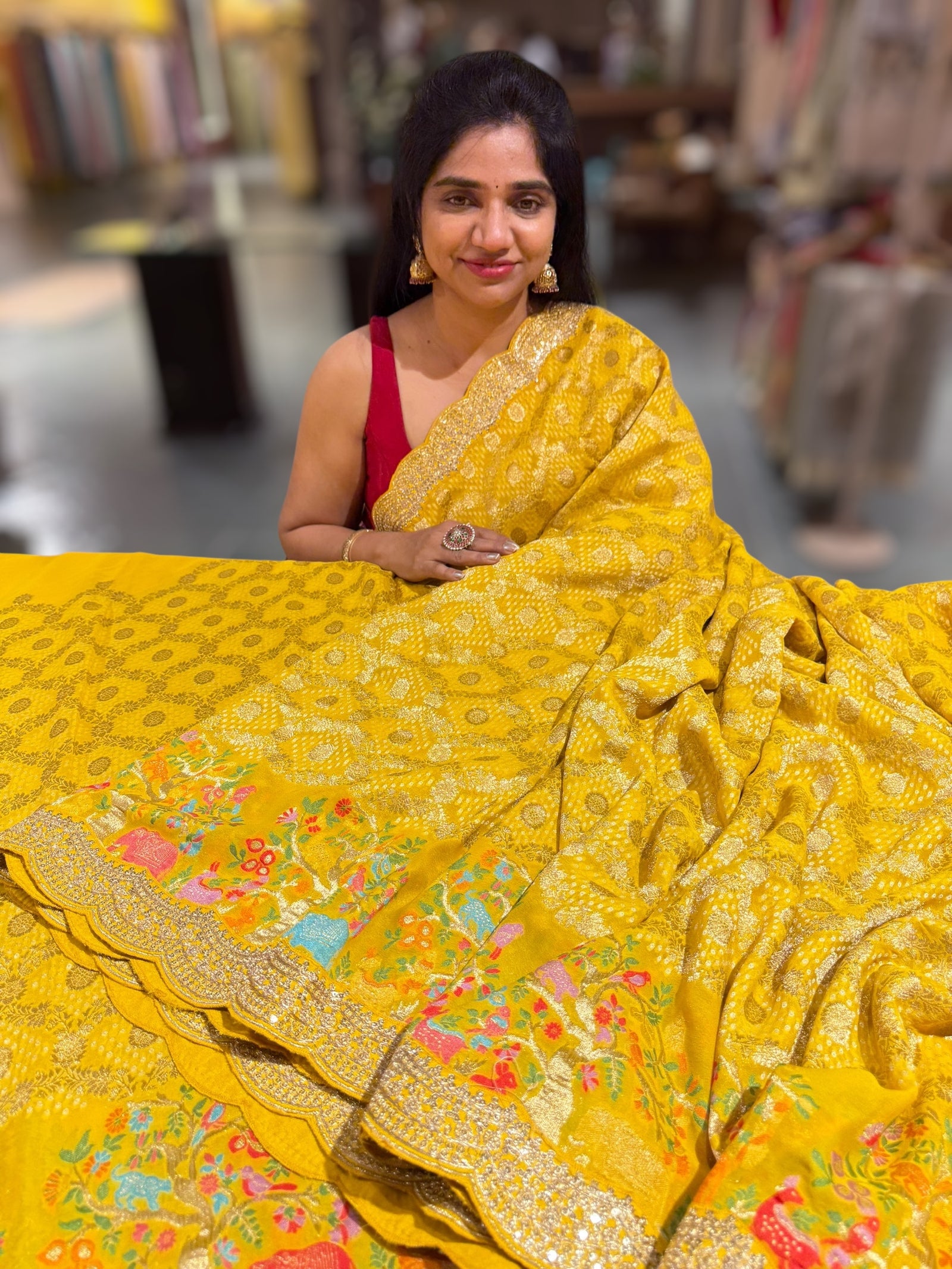 Yellow Bandhini Georgette Saree with sabya style scallop border