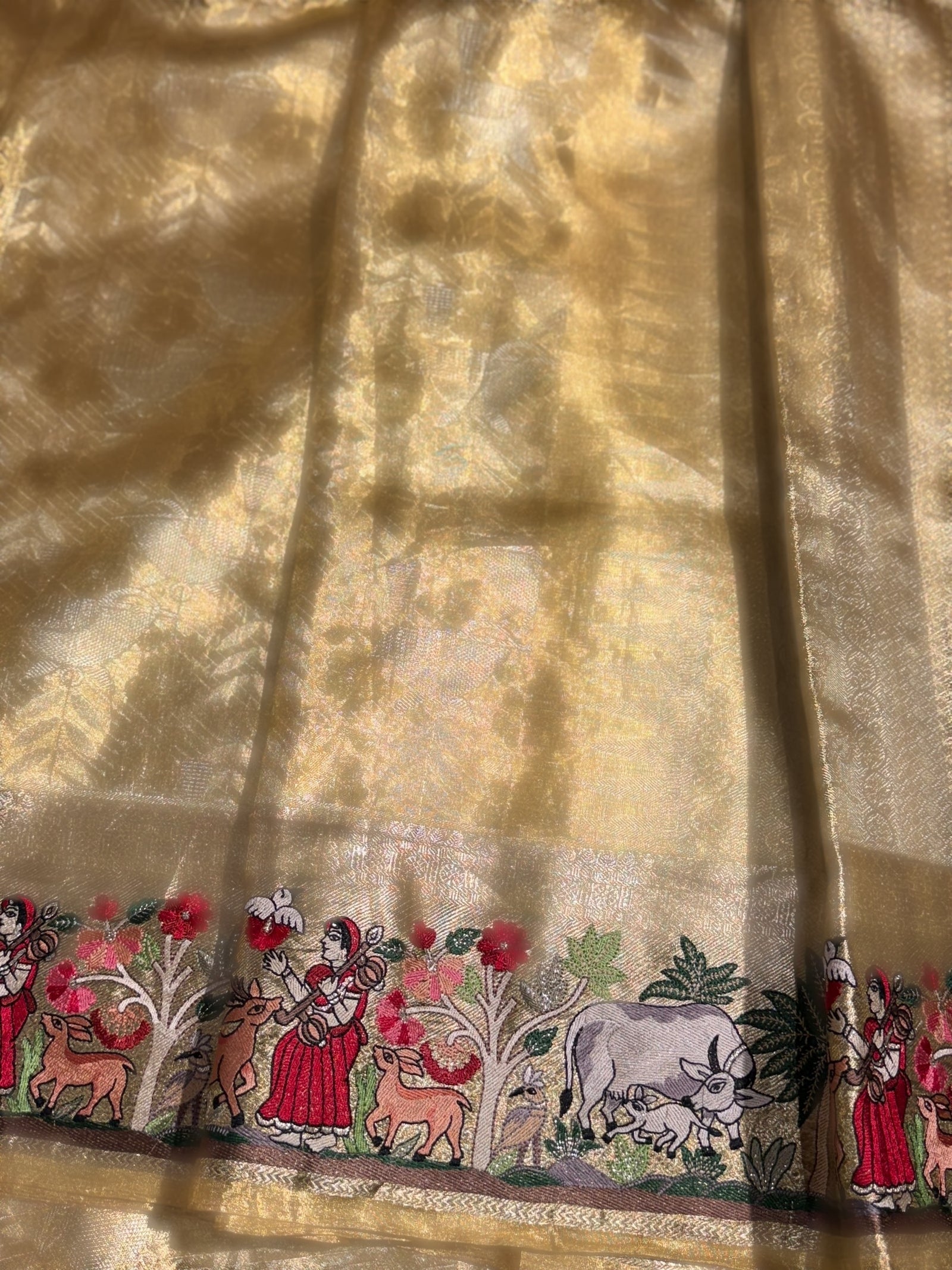 Gold Kanjeevaram Saree with Village Theme Embroidery