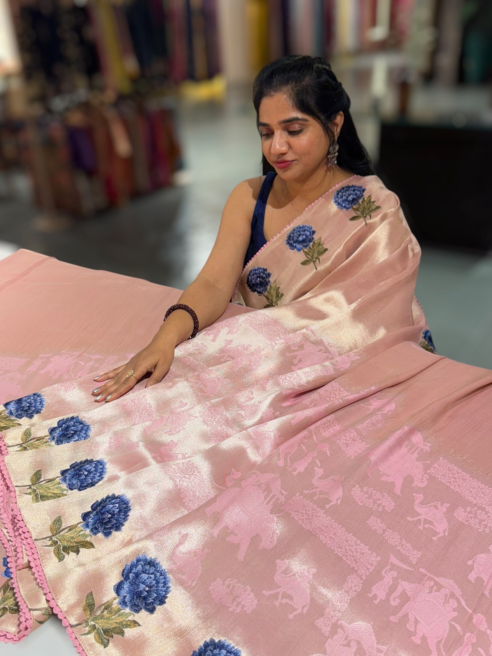 Baby Pink Banarasi Brocade tissue saree with tonchui style weaving & embroidered dahlia flower border