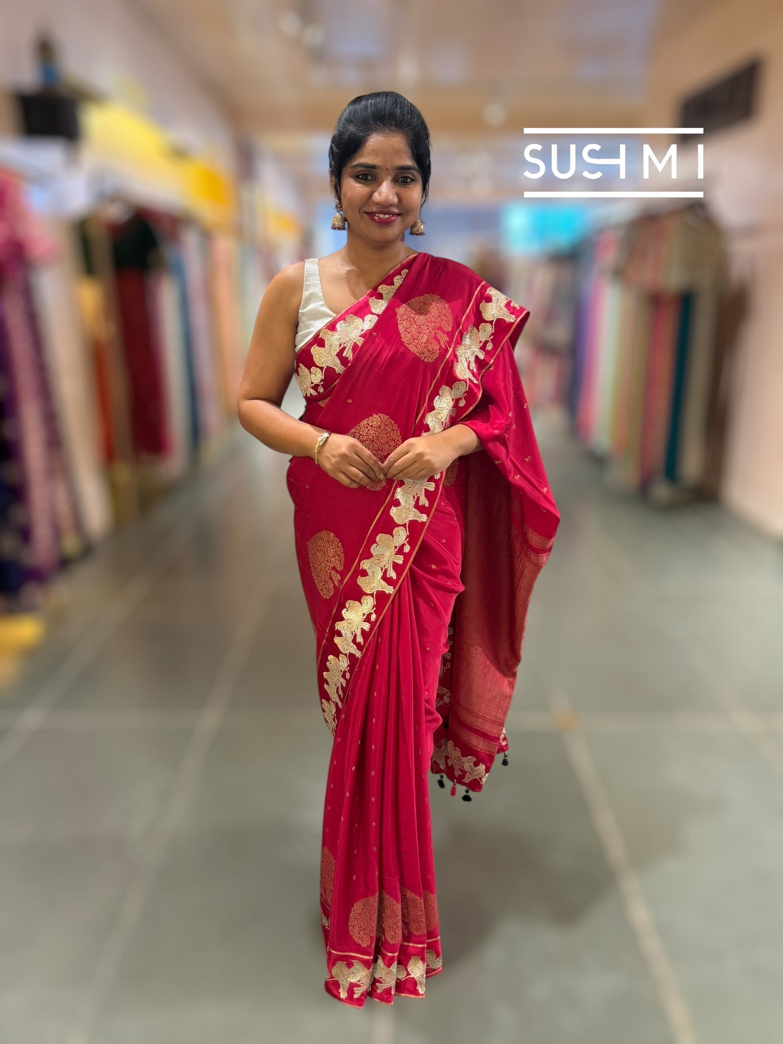 Dark Ruby Pink Mysore silk saree with woven motif and embroidered border : D62128