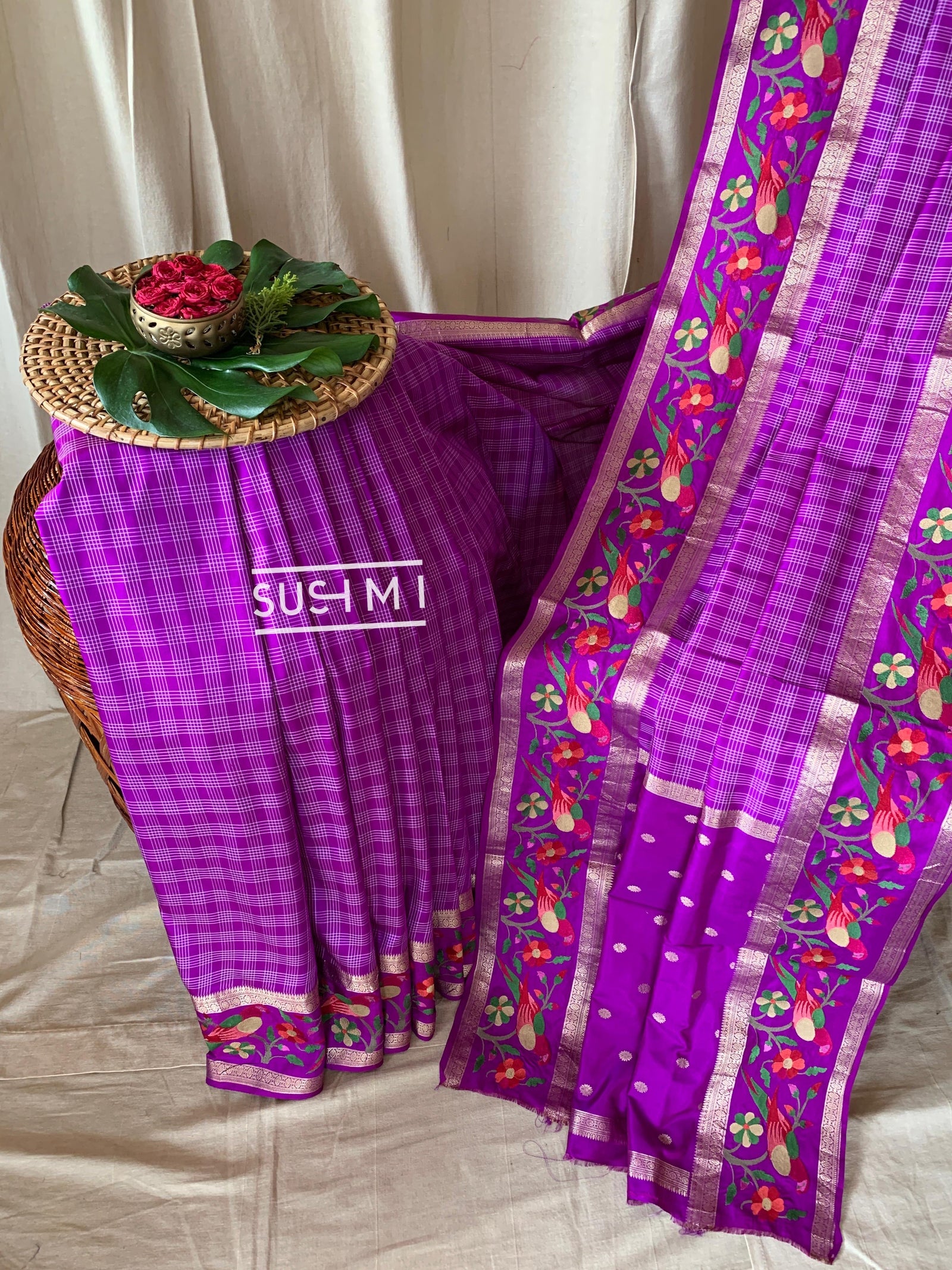 Majenta Vintage checks Kanjeevaram soft silk saree with embroidery D62F041