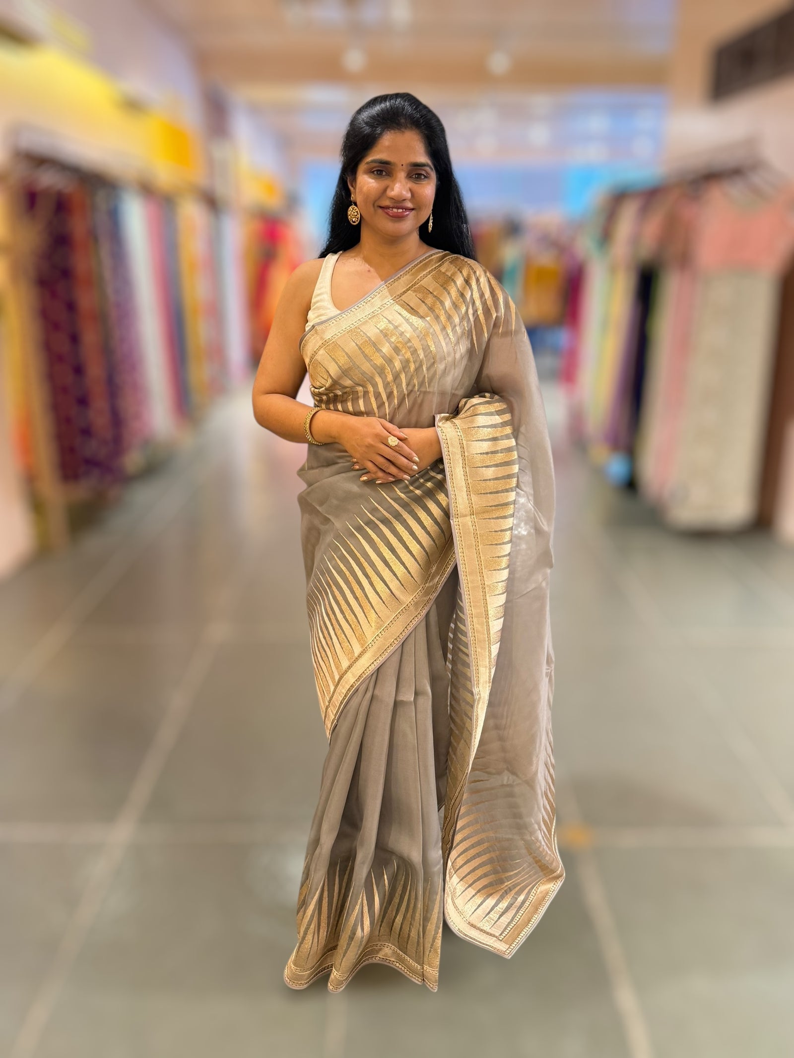 Grey Pure Organza With Temple Embroidered Border & Tussar Printed Blouse