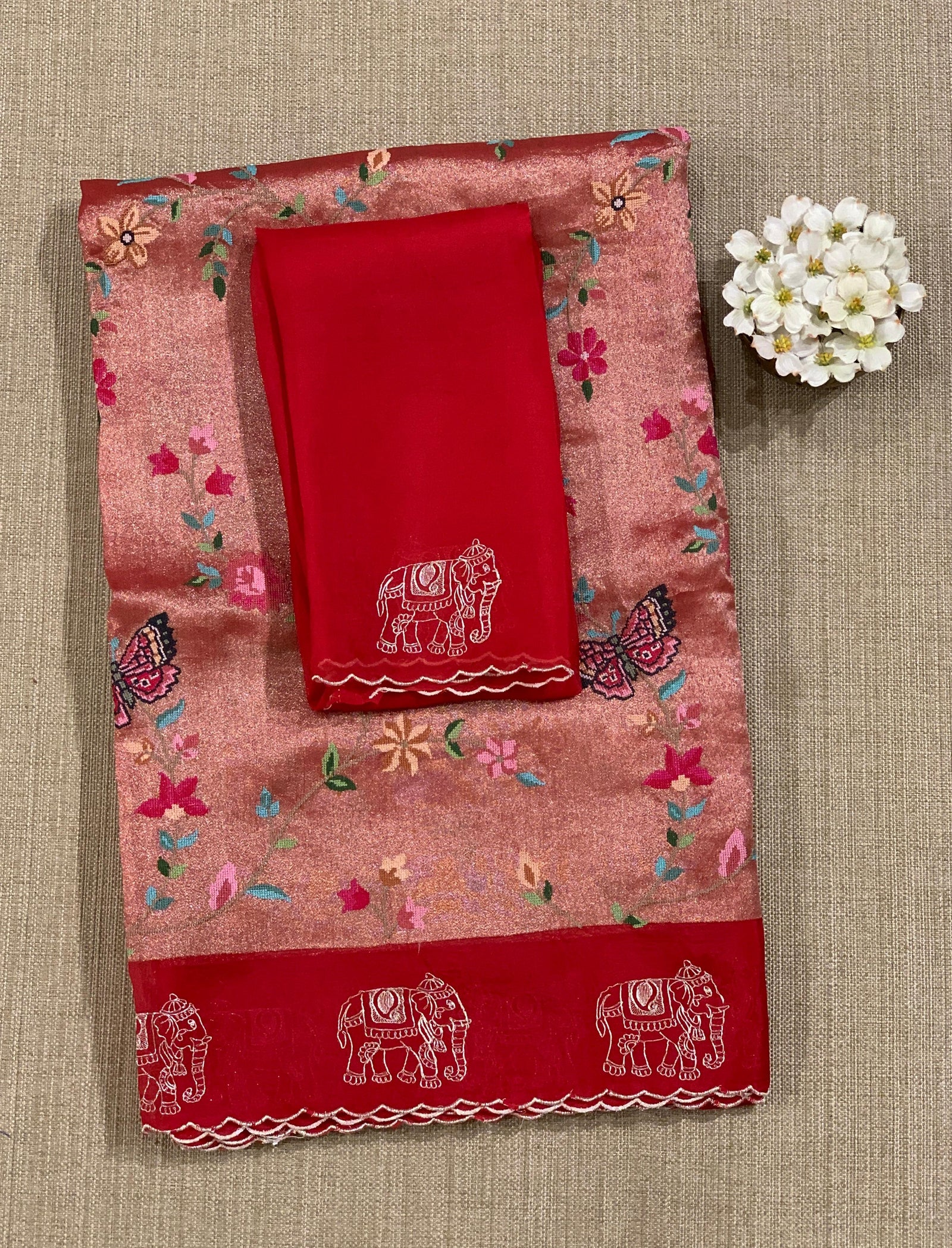 Red Premium Handloom Designer Tissue saree with exquisite embroidery