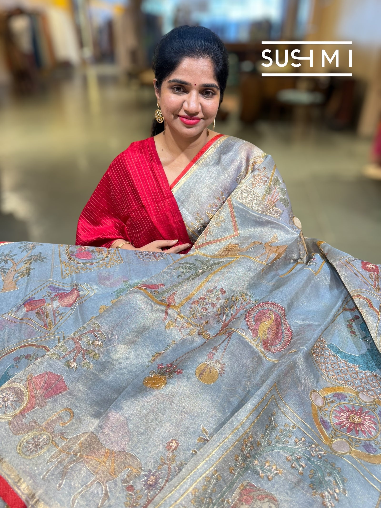 Dusty Blue Banarasi printed Tissue saree with handwork D62F059