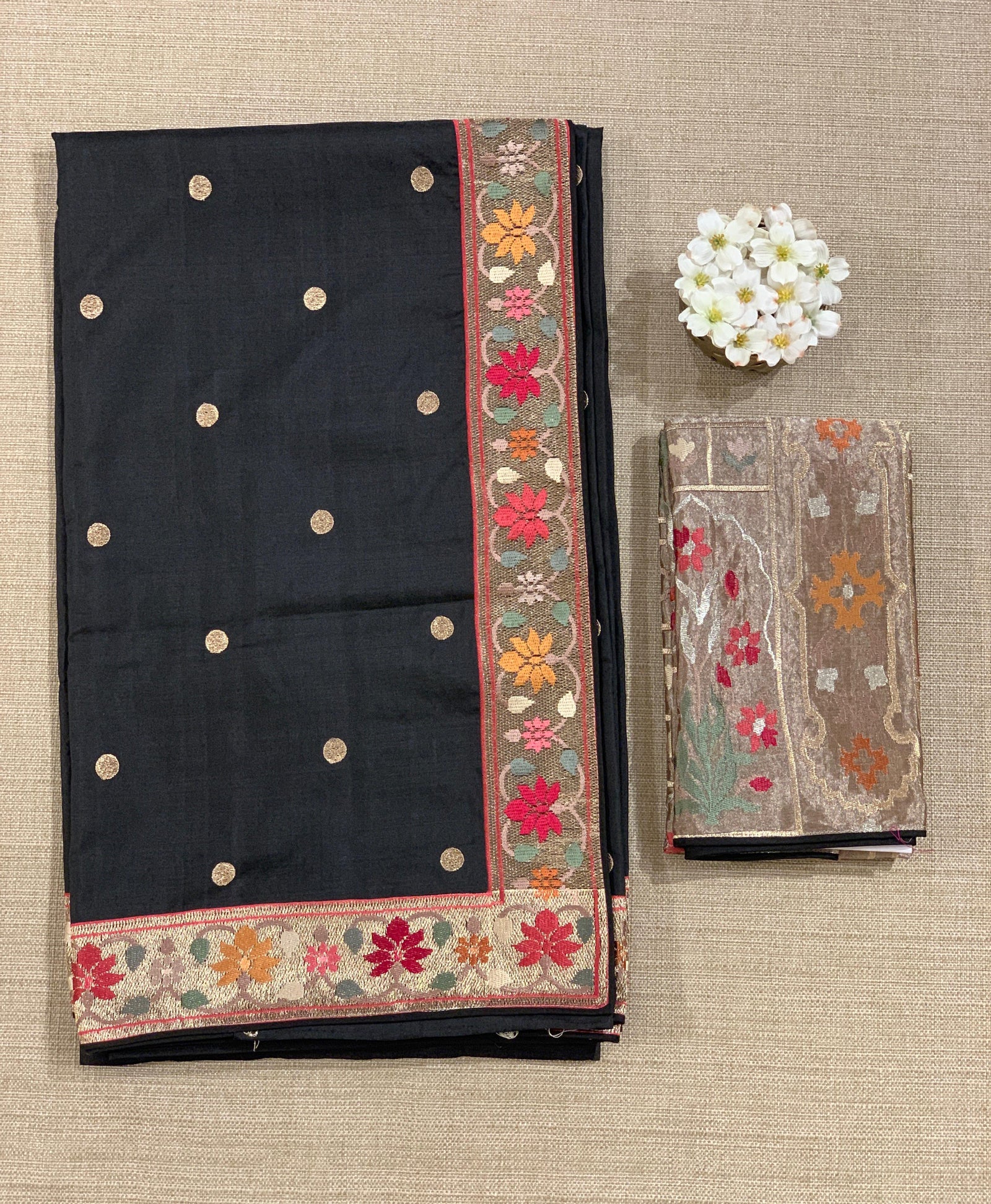 Black Kanchi soft silk saree with pythani and jamdani inspired embroidery