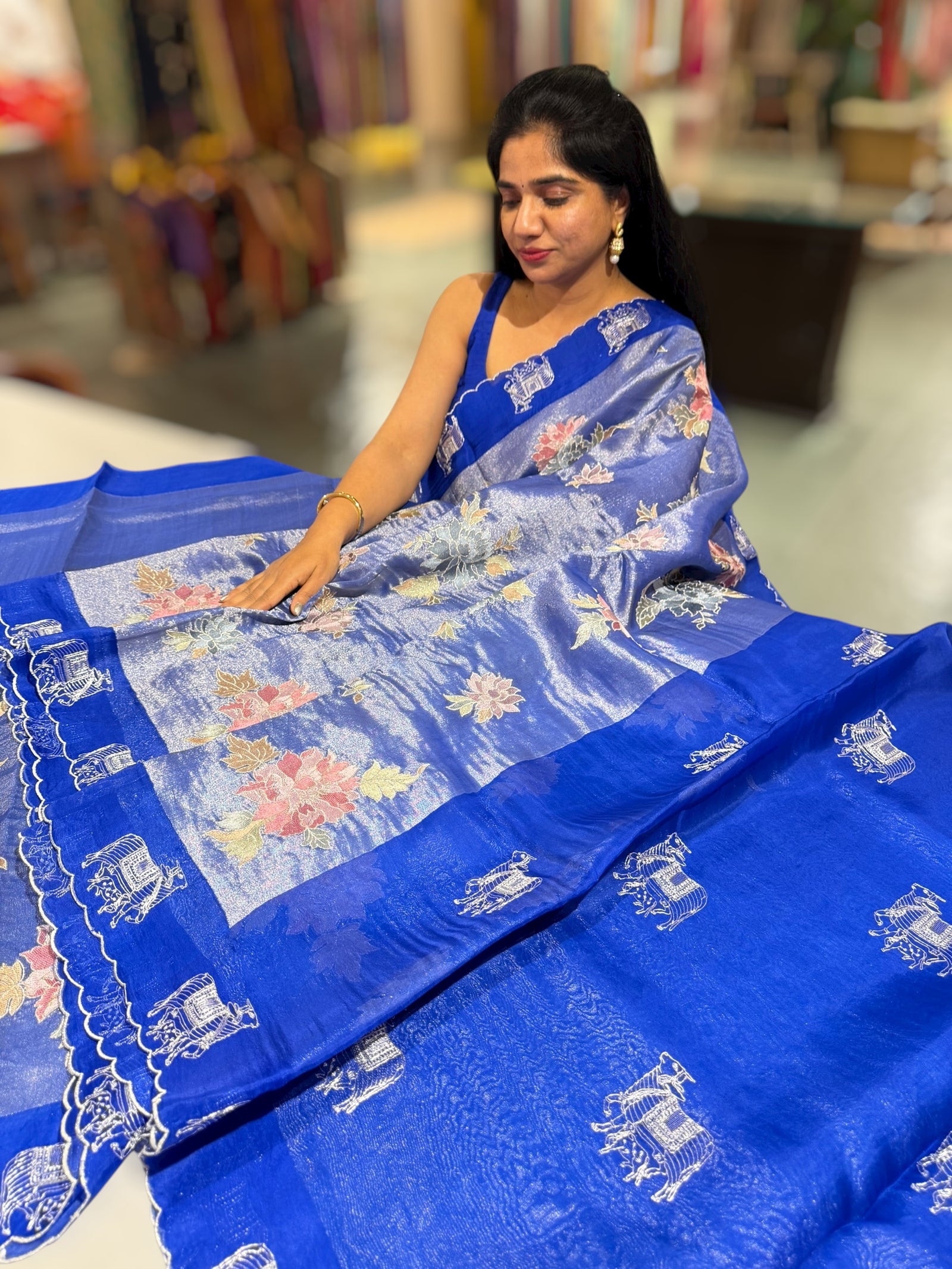 Electric Blue Premium Handloom Designer Tissue saree with exquisite embroidery