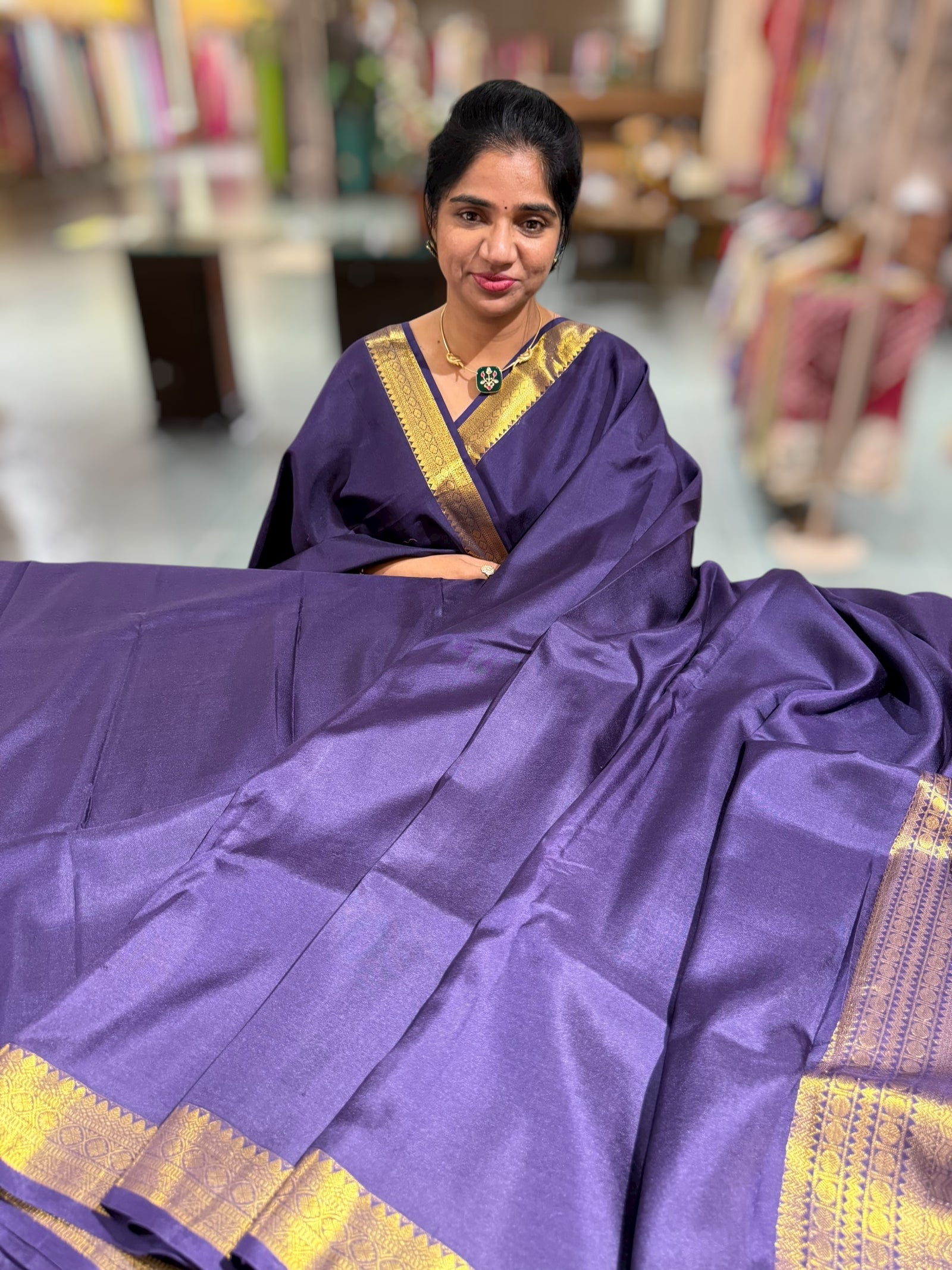 Violet vintage Kanchipuram silk saree with pen kalamkari blouse
