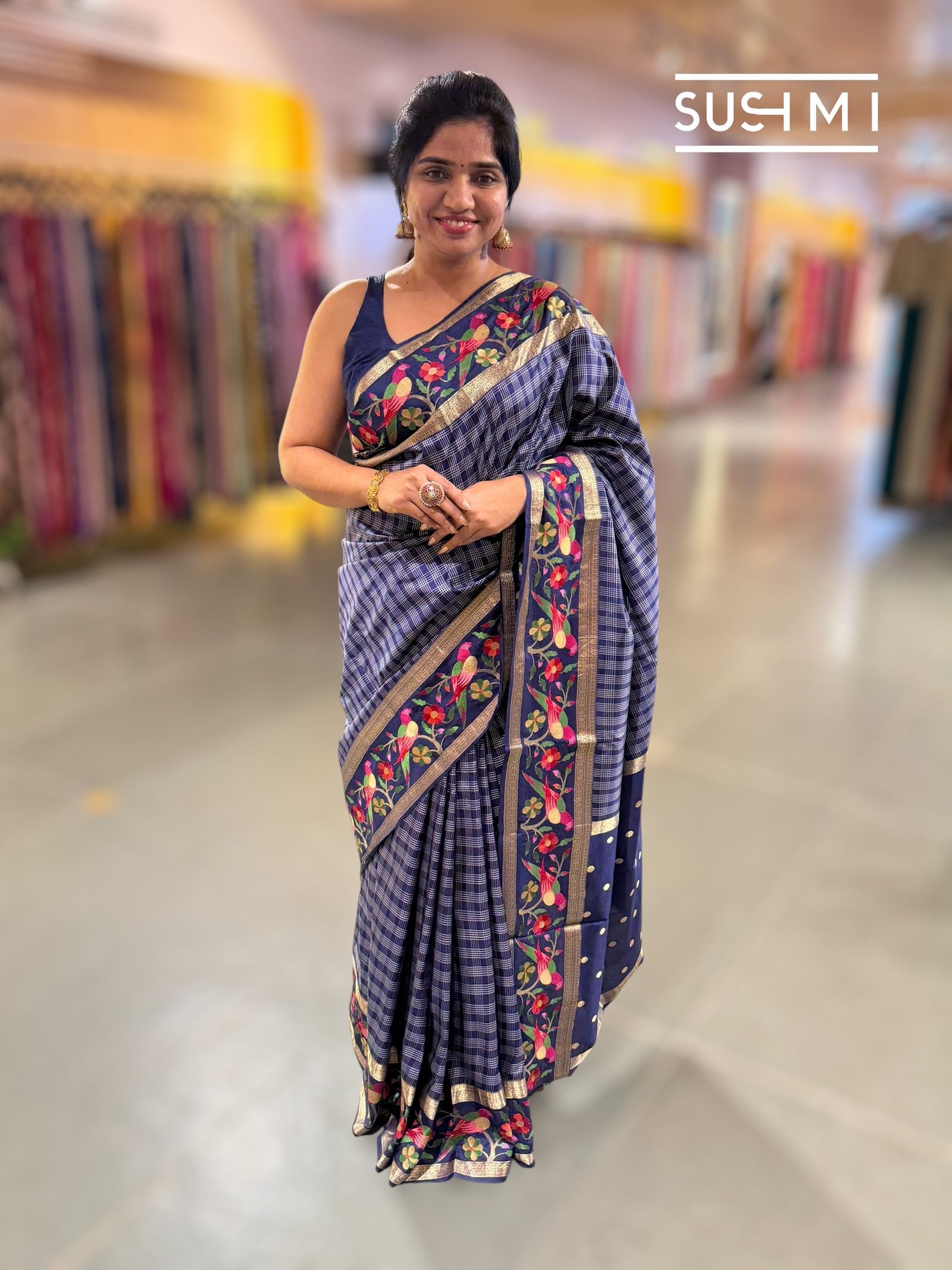 Midnight Blue Vintage checks Kanjeevaram soft silk saree with embroidery D62F040