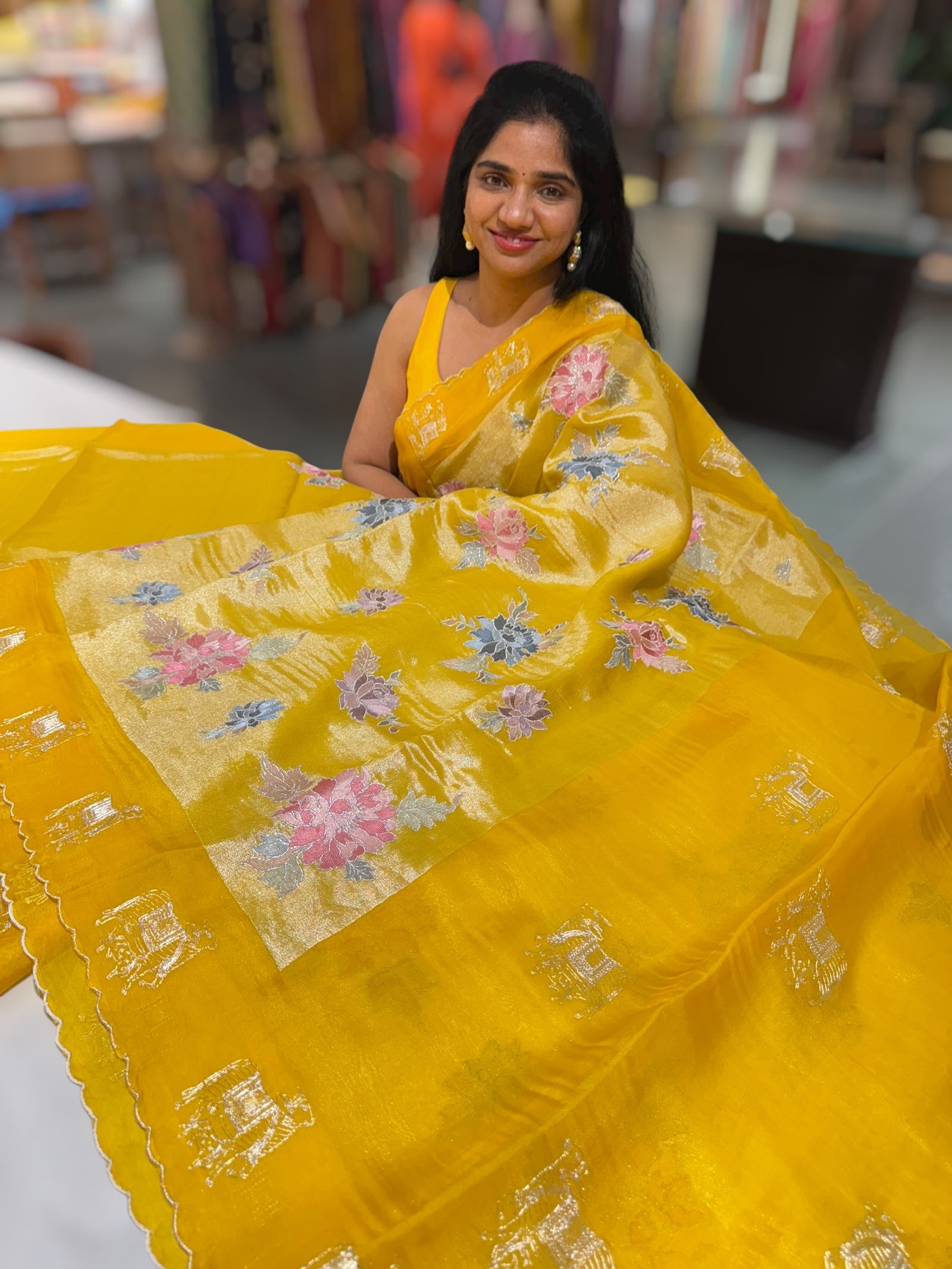 Yellow Premium Handloom Designer Tissue saree with exquisite embroidery