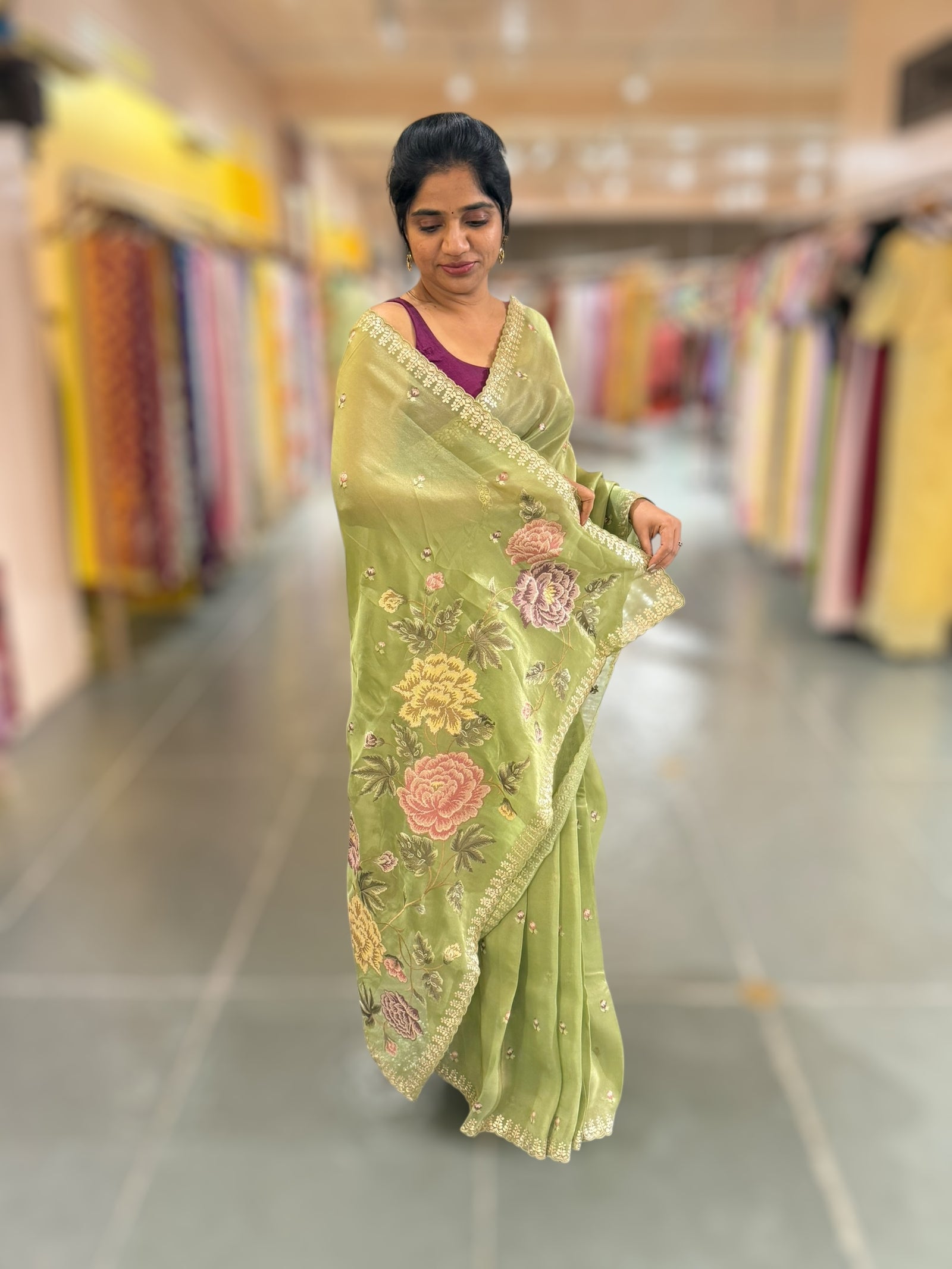 Light Olive Green Tissue Georgette Saree with petite point emb