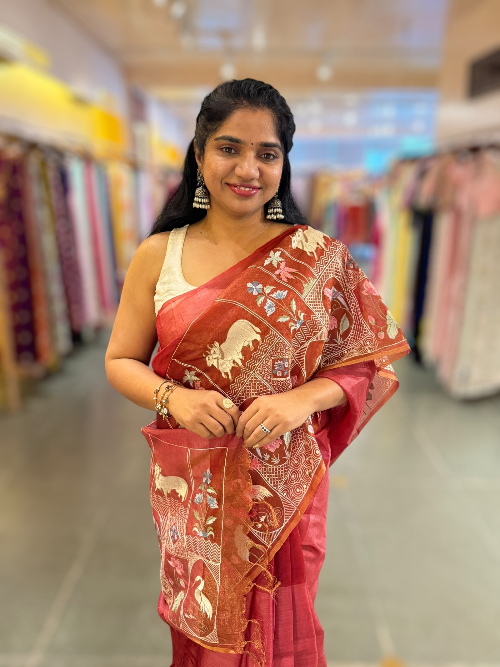 Rust Red/ Brick Red Kora-Tussar blend Handloom Saree with Tissue embroidered Skirt Border