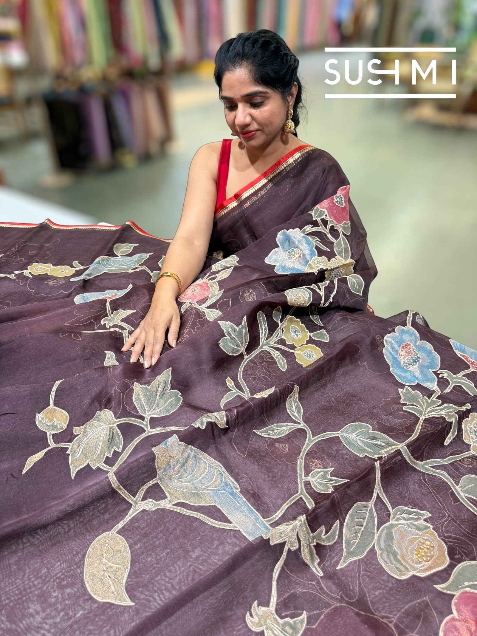 Brown Designer Organza with Tissue applique work : S62F092