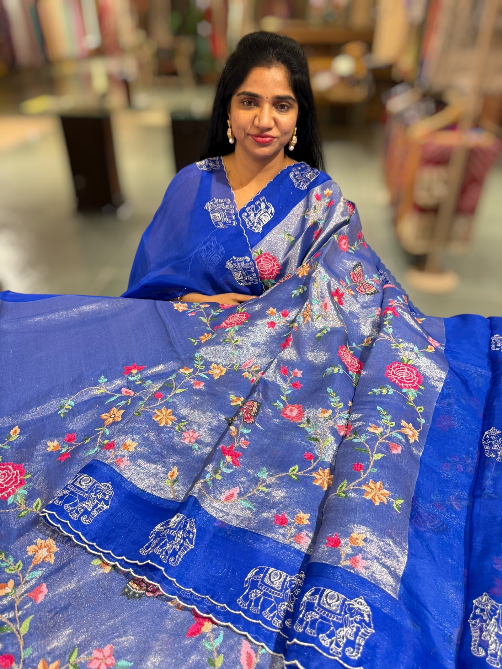 Electric Blue Premium Handloom Designer Tissue saree with exquisite embroidery