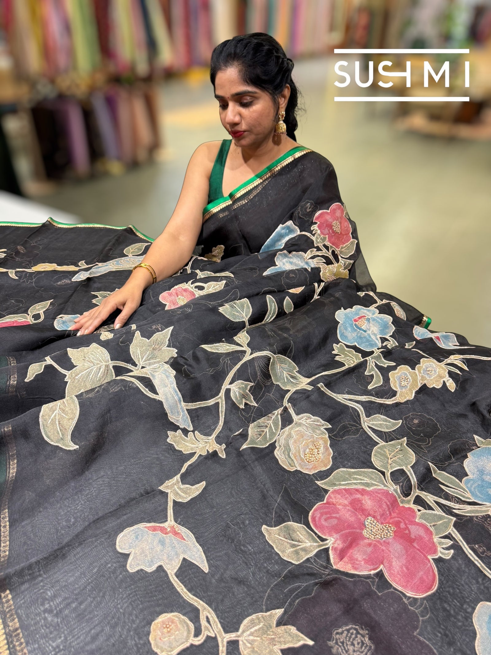 Black Designer Organza with Tissue applique work : S62F094