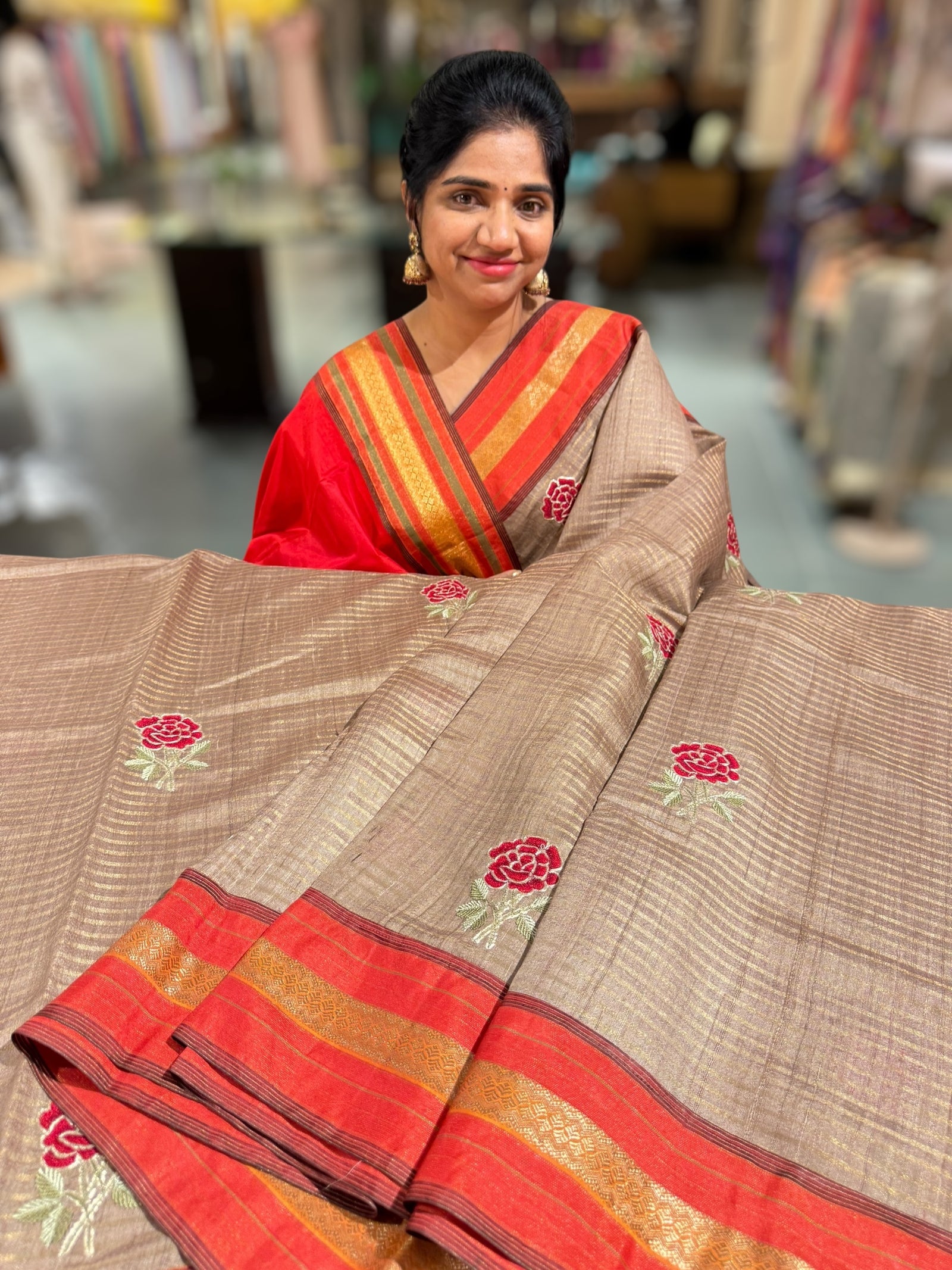 Chickoo Tussar Tissue and Silk fusion Saree with embroidery