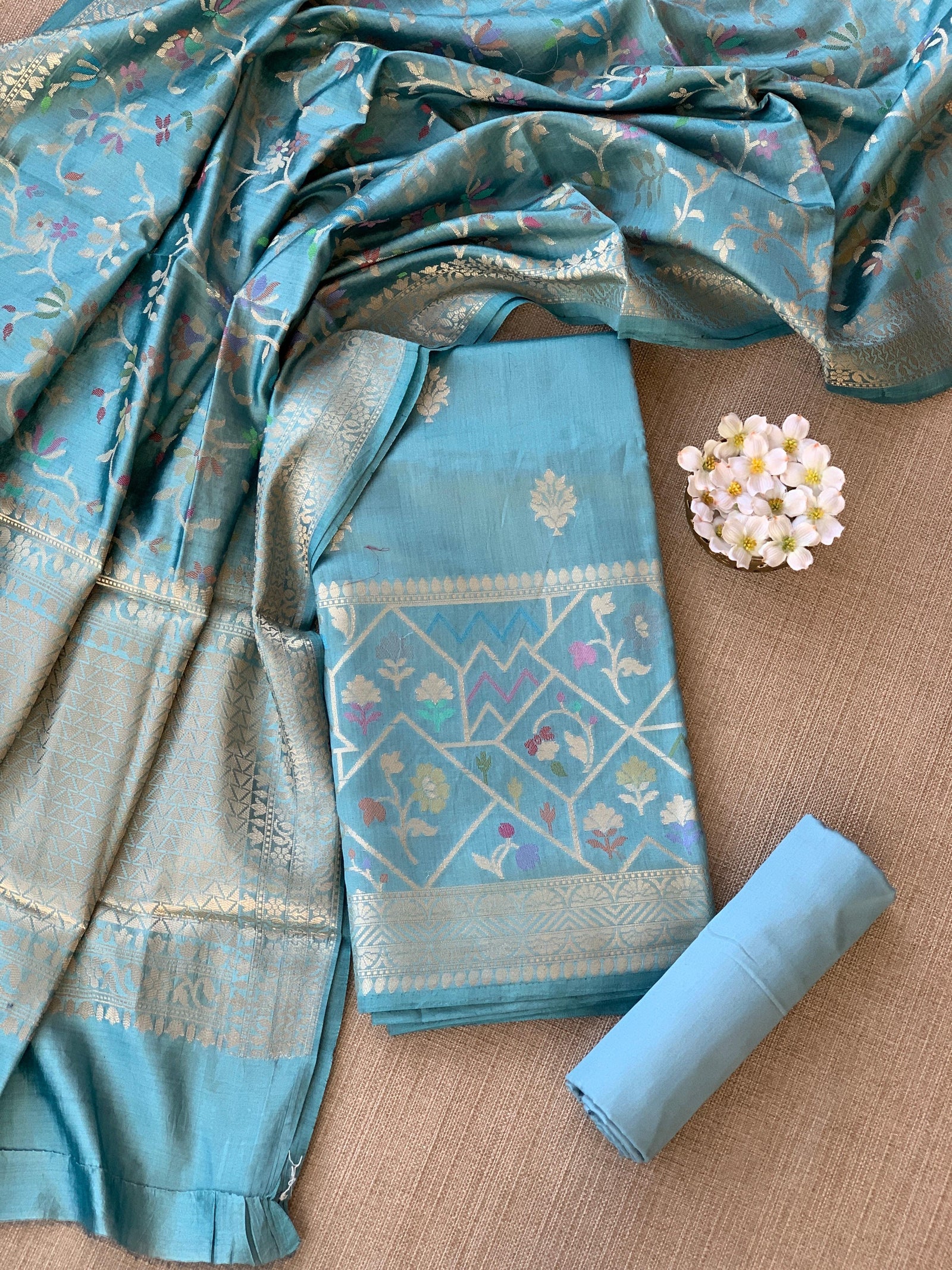 Powder Blue Banarasi Chiniya Silk 3-pc Suit set : SS62J02