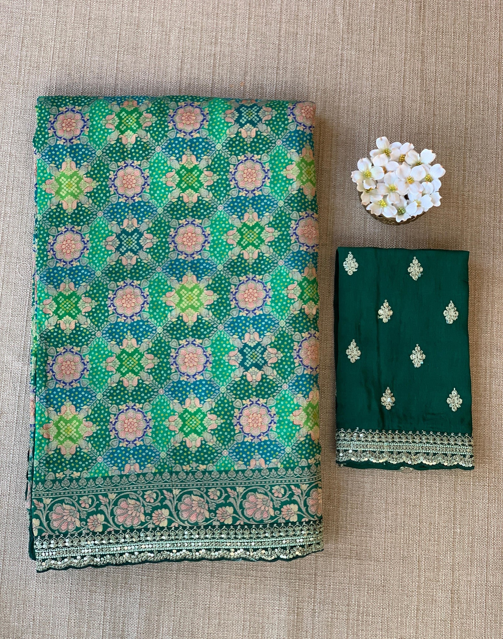 Emerald Green & Blue Banarasi bandhini georgette