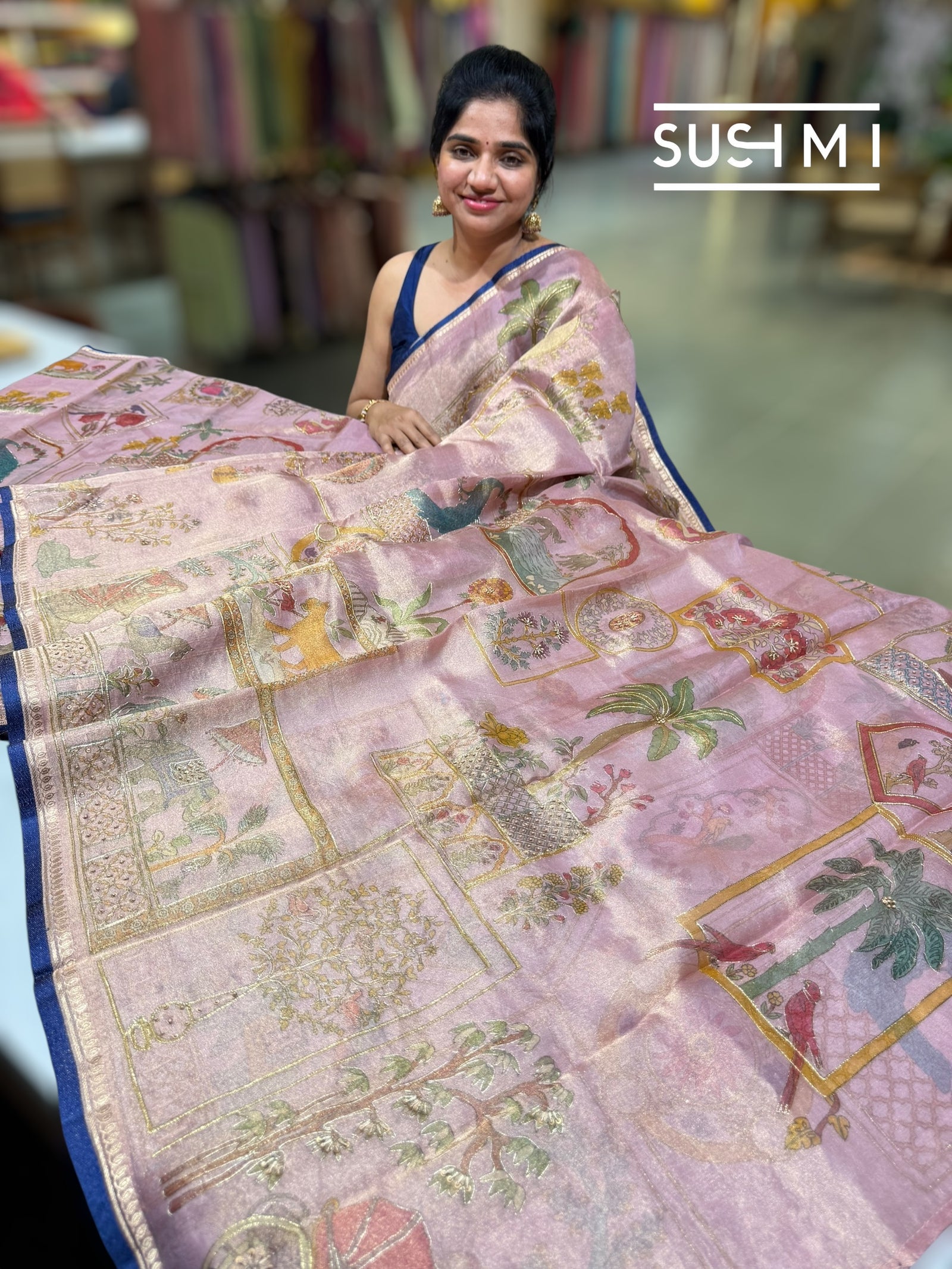 Pastel Pink Banarasi printed Tissue saree with handwork D62F057