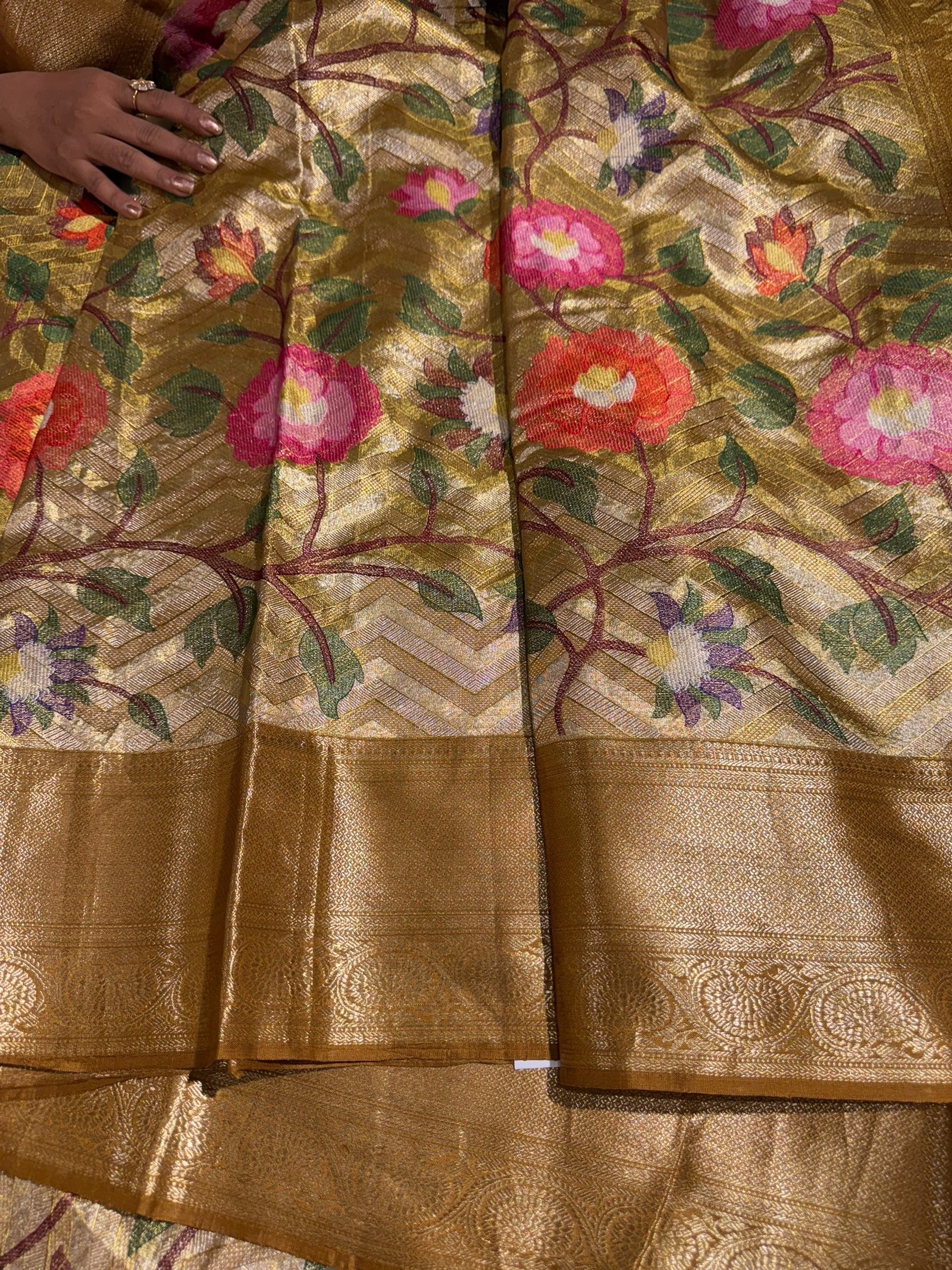 Molten Gold Kanjeevaram Tissue Saree with allover embroidery