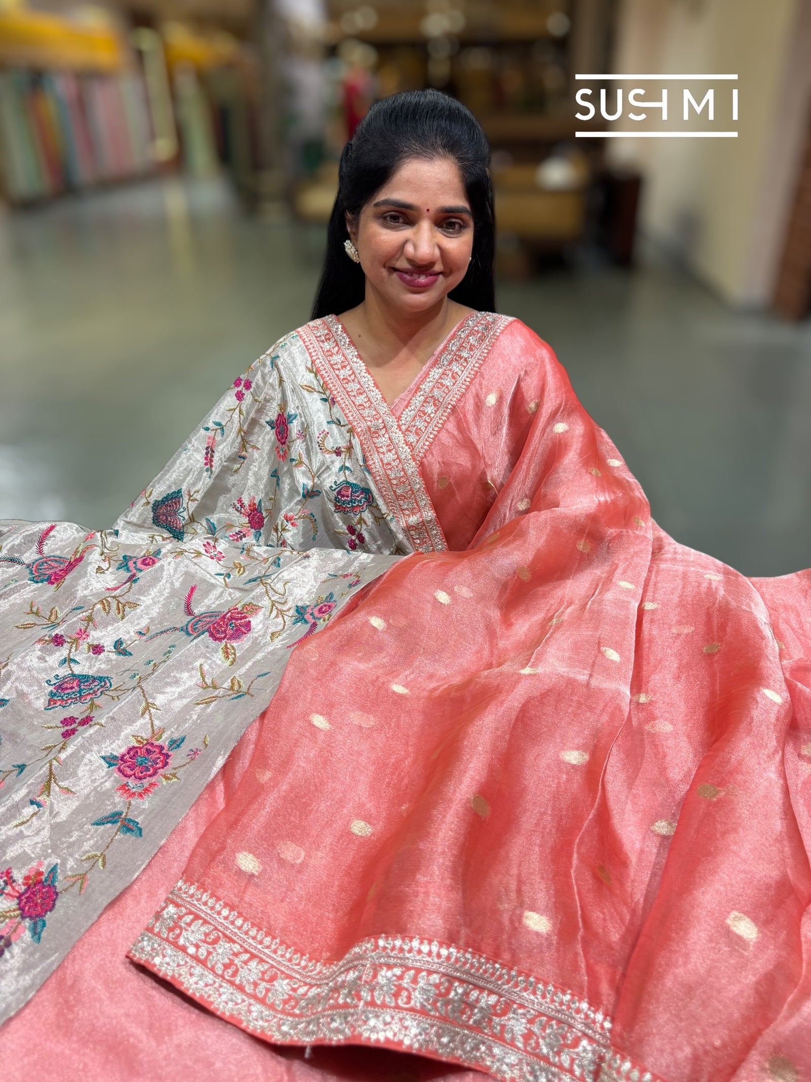 Coral Banarasi Tissue Saree : S62F223