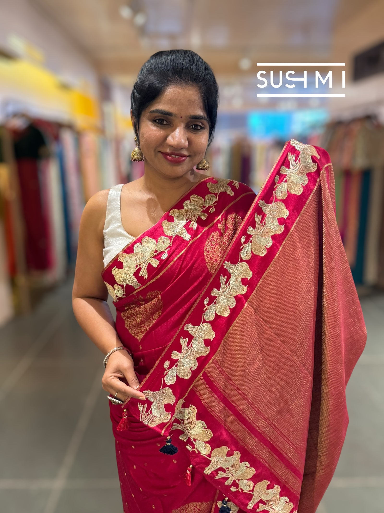 Dark Ruby Pink Mysore silk saree with woven motif and embroidered border : D62128