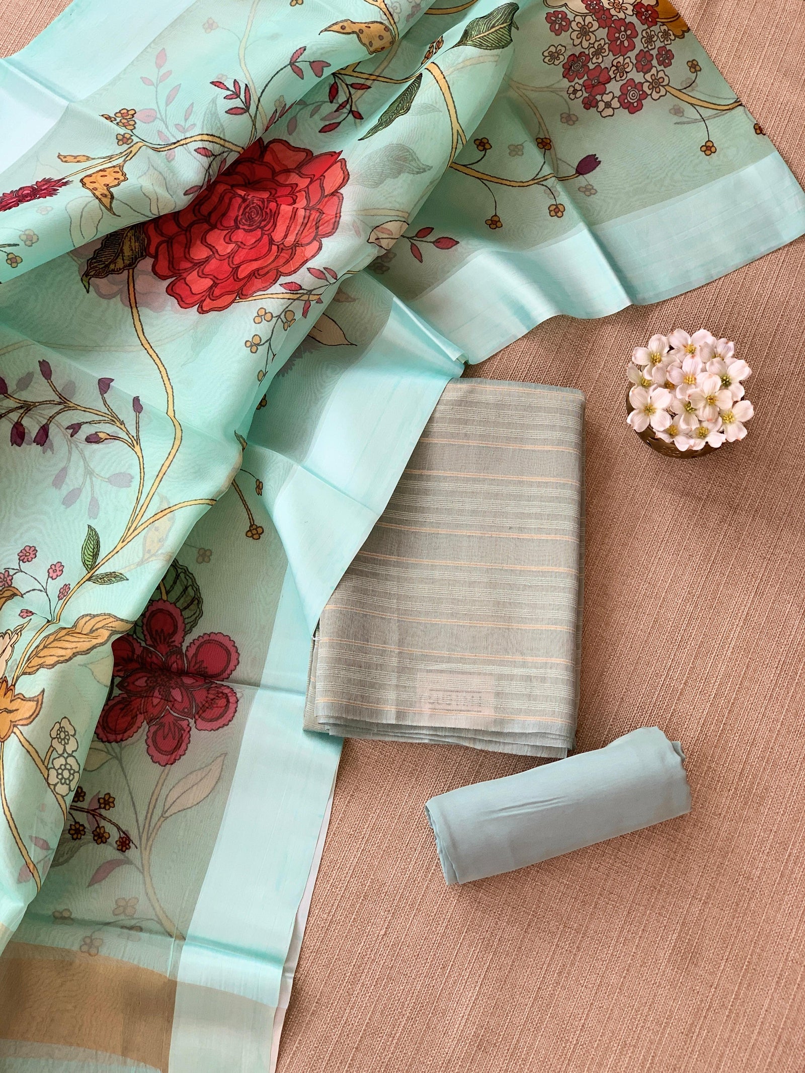 Mint Blue Banarasi Chiniya Silk 3-pc Suit set : SS62J09