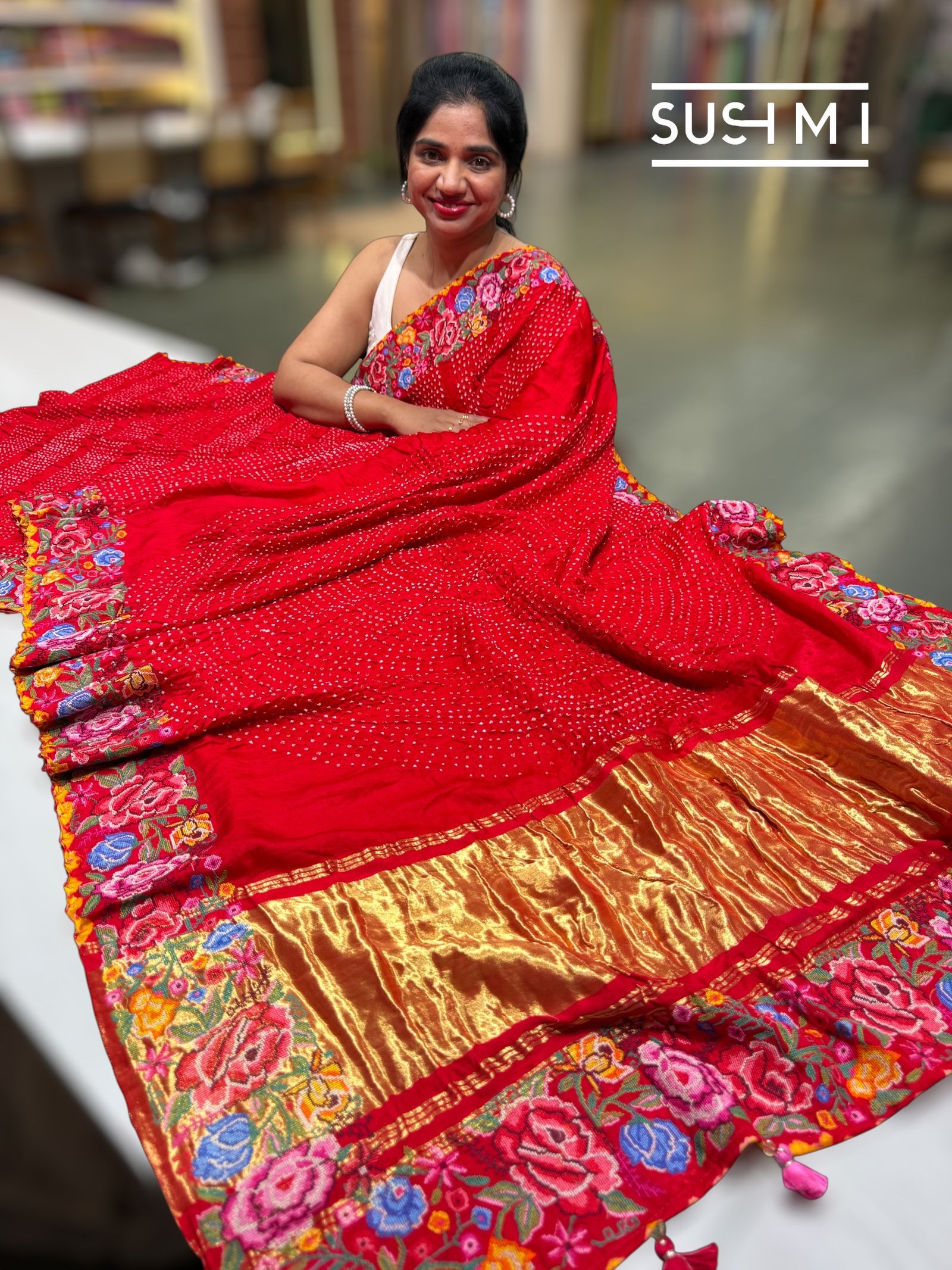 Chilli Red Pure Gajji Silk Rai bandhej Saree with petite point embroidery : SM082