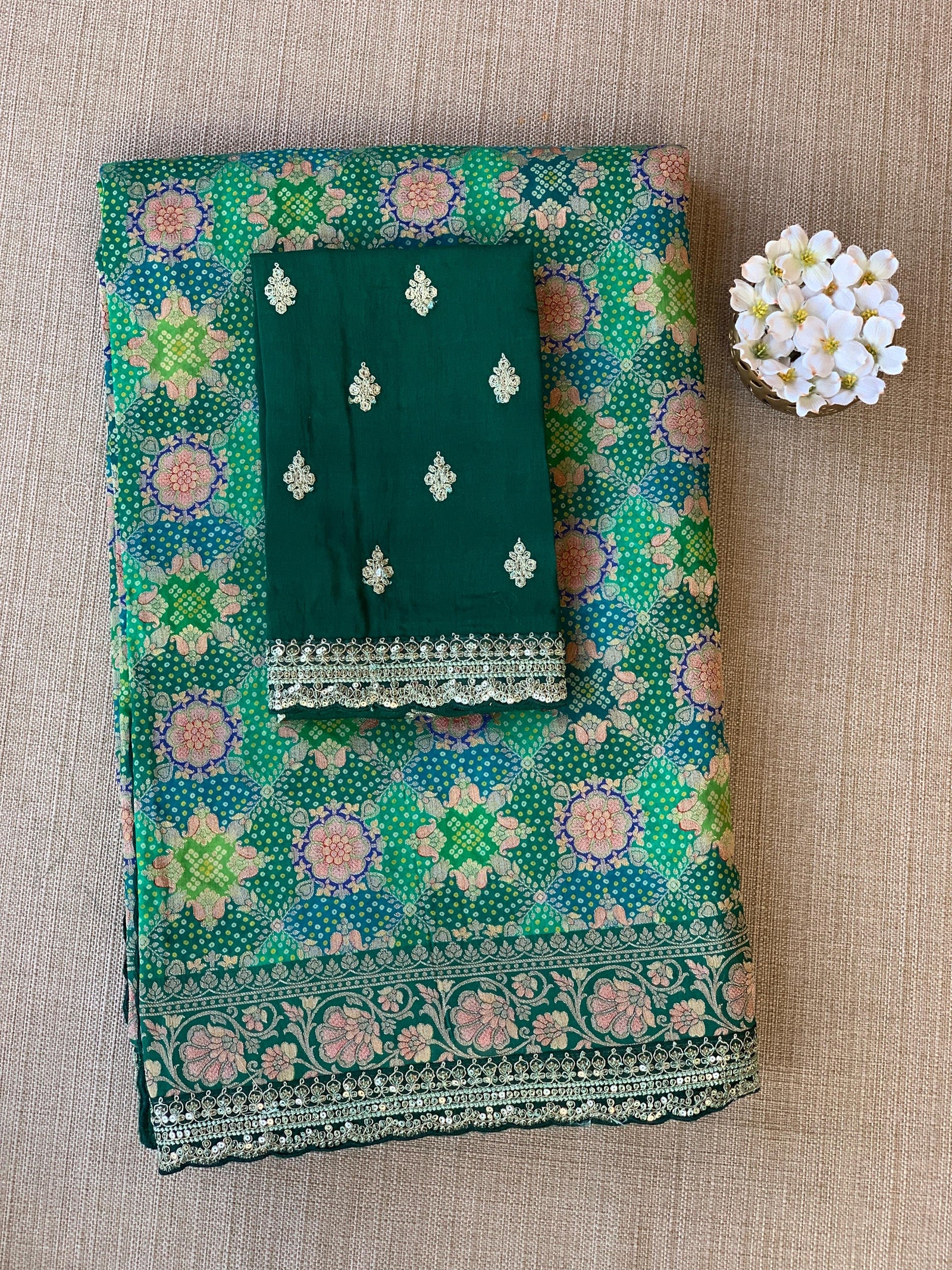 Emerald Green & Blue Banarasi bandhini georgette