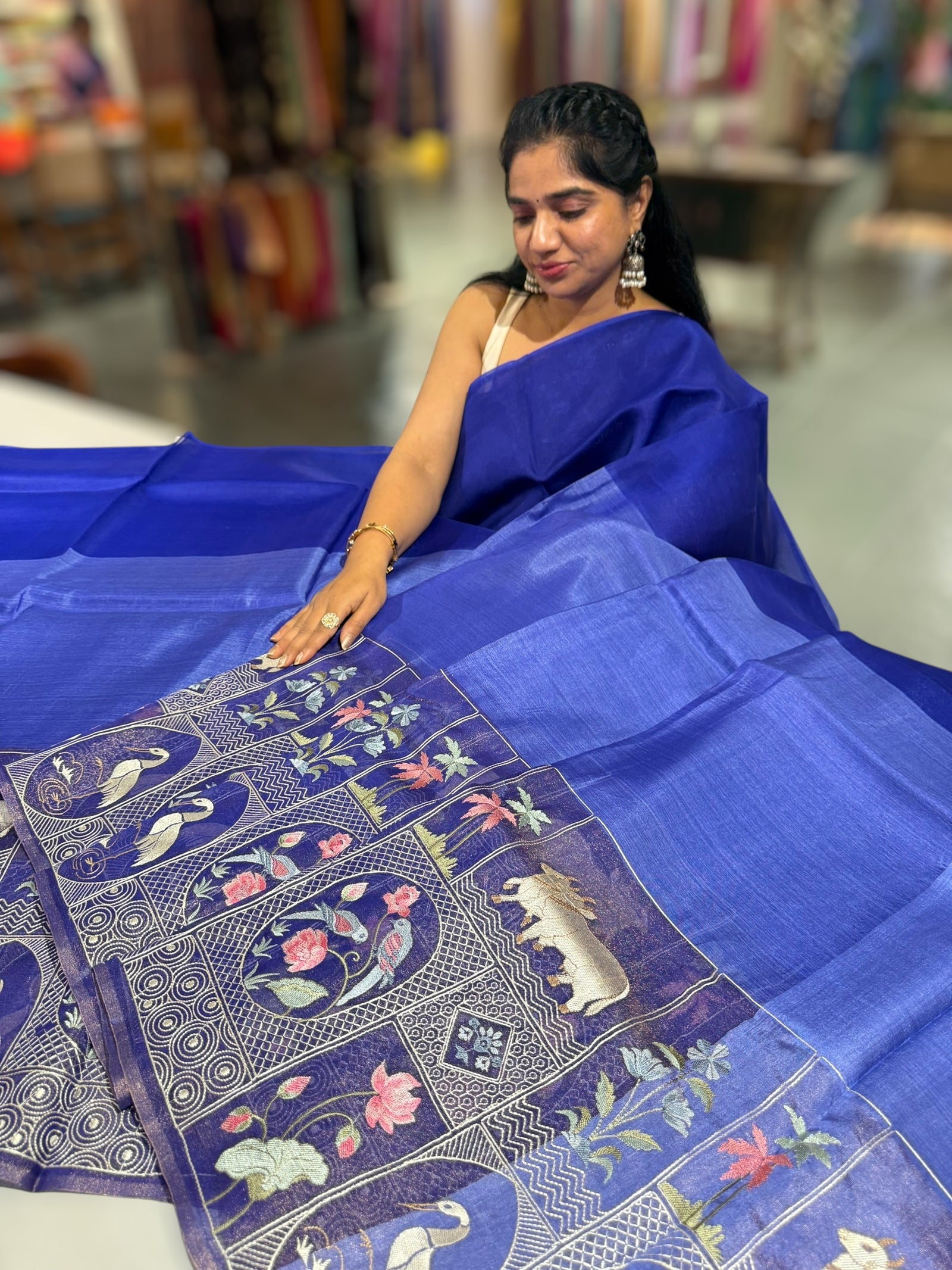 Royal Blue Kora-Tussar blend Handloom Saree with Tissue embroidered Skirt Border
