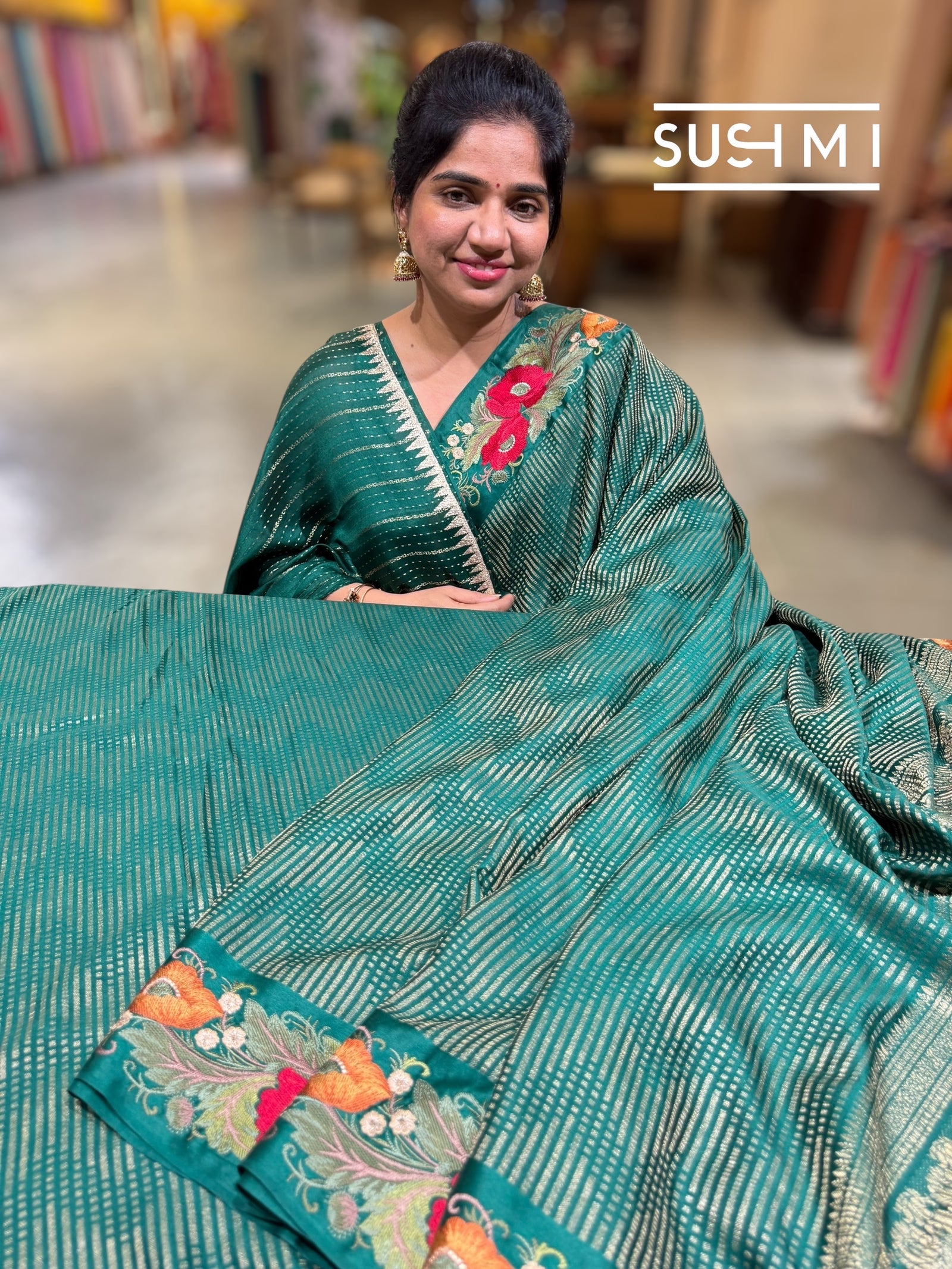 Bottle Green Mysore silk with embroidered border S62F063