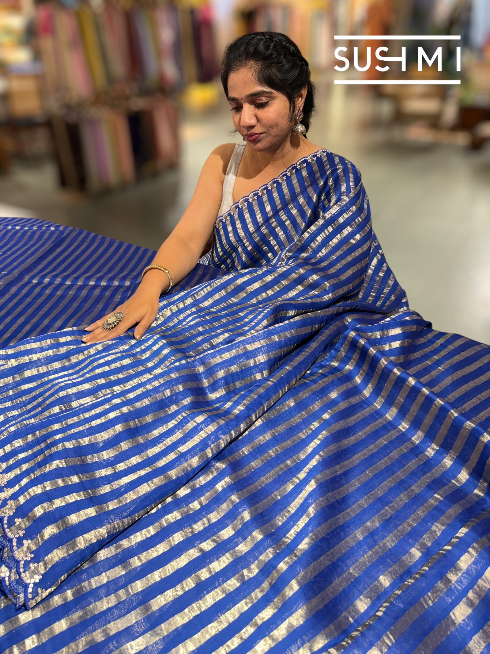 Electric Blue Mul tissue stripes saree with fusion blouse : D62139