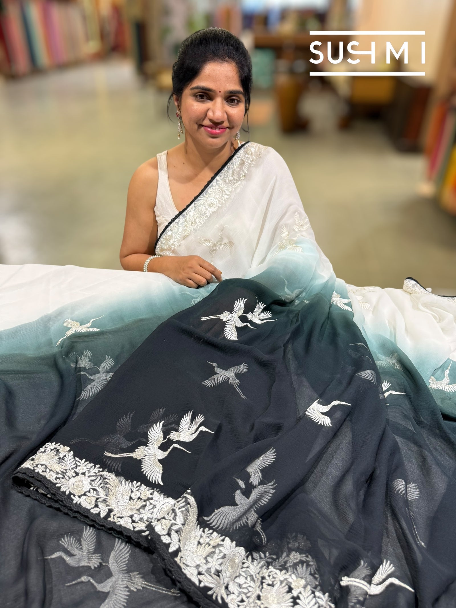 Black Ombre dyed chiffon saree with parsigara embroidery : S62F071