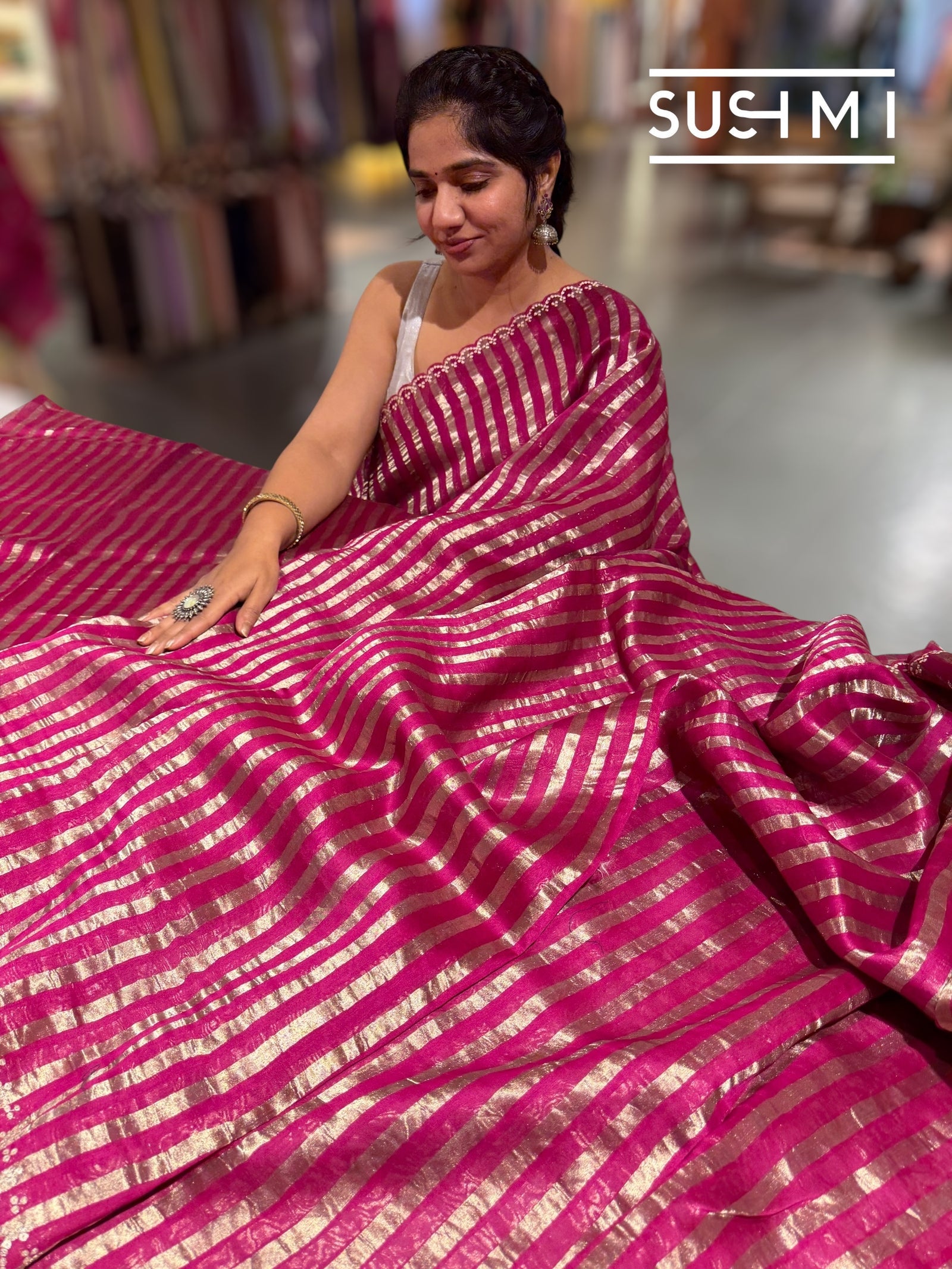 Beetroot Pink Mul tissue stripes saree with fusion blouse : D62138