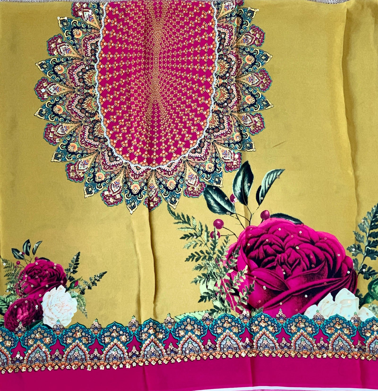 Mustard Gold Designer Crepe Silk Saree : D62F030