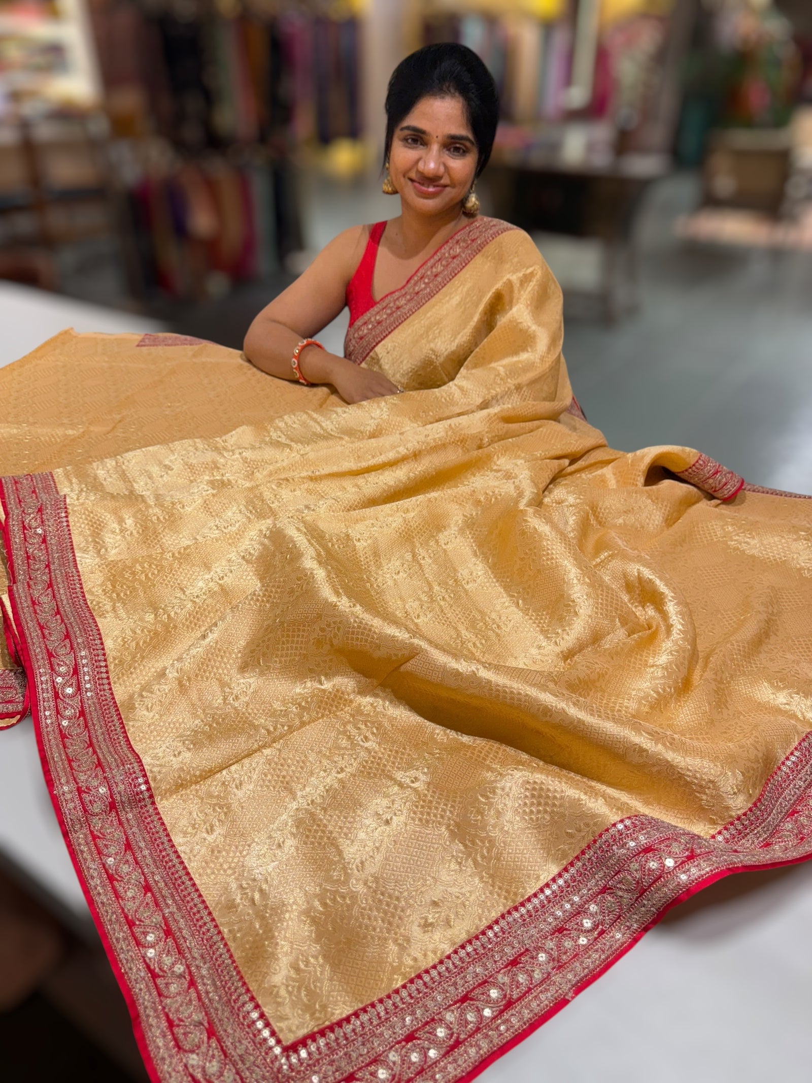 Peach & Reddish Pink Combo Banarasi Tissue Brocade saree