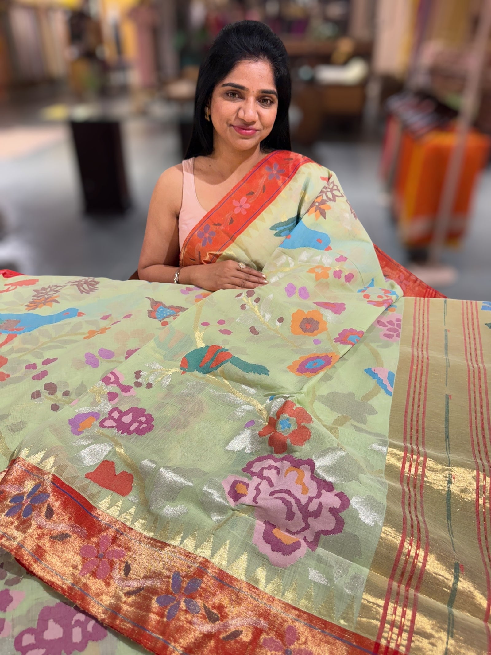 Mint allover ponduru khadi jamdani with paithani borders & Pallu