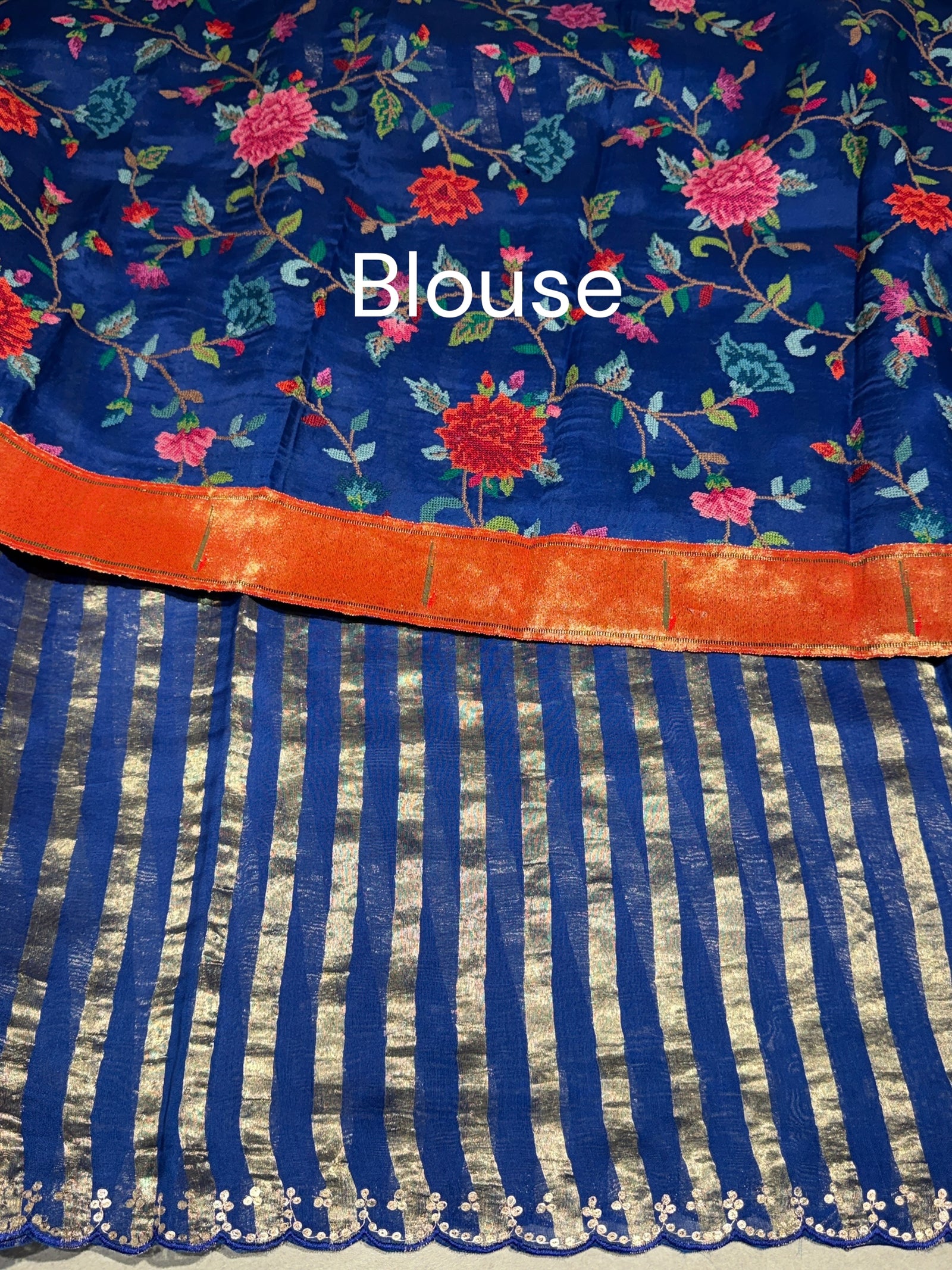 Electric Blue Mul tissue stripes saree with fusion blouse : D62139