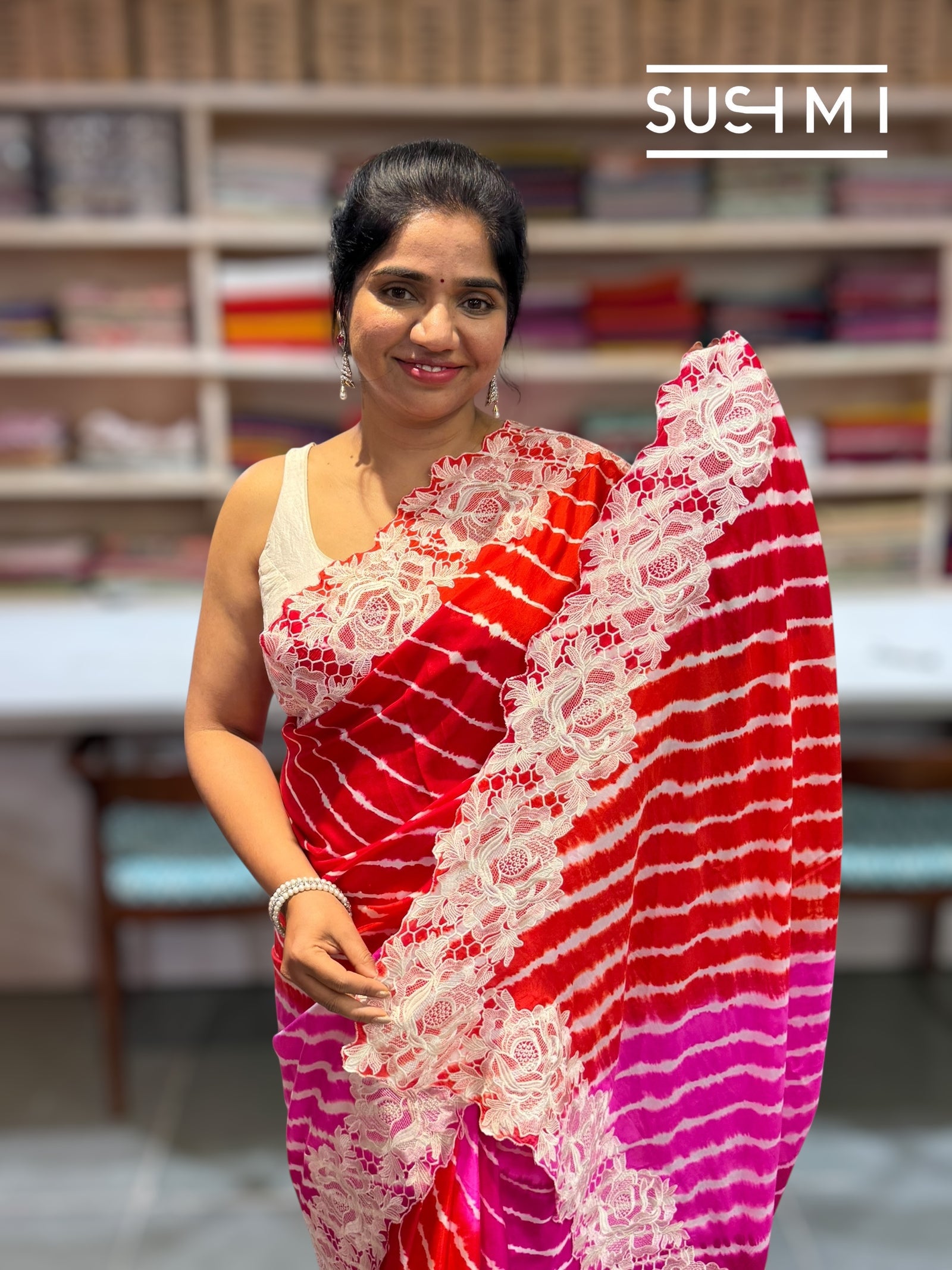 Orange and Pink Ombre dyed habutai satin Silk lehariya Saree S62F063