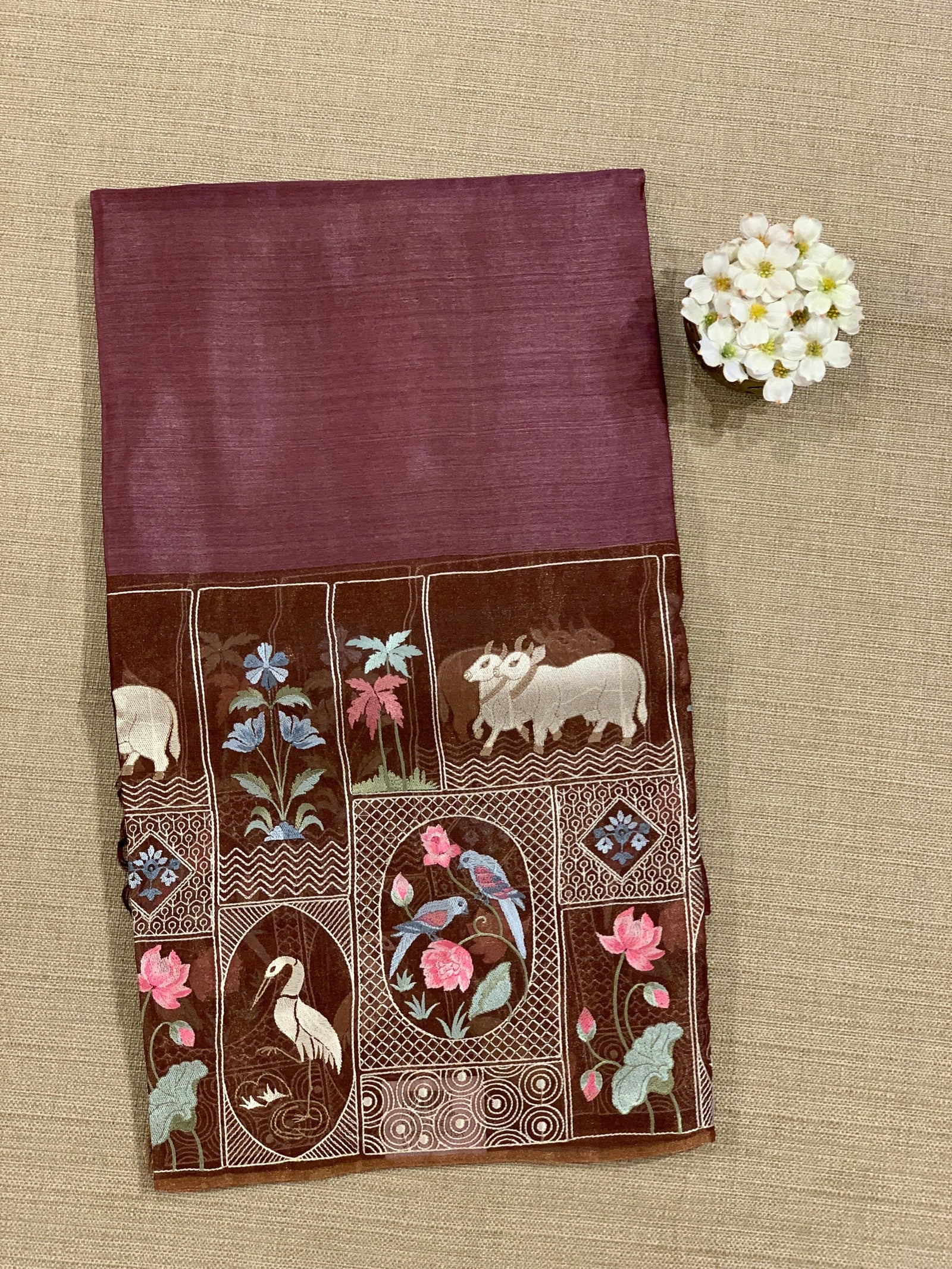 Winish Brown Kora-Tussar blend Handloom Saree with Tissue embroidered Skirt Border