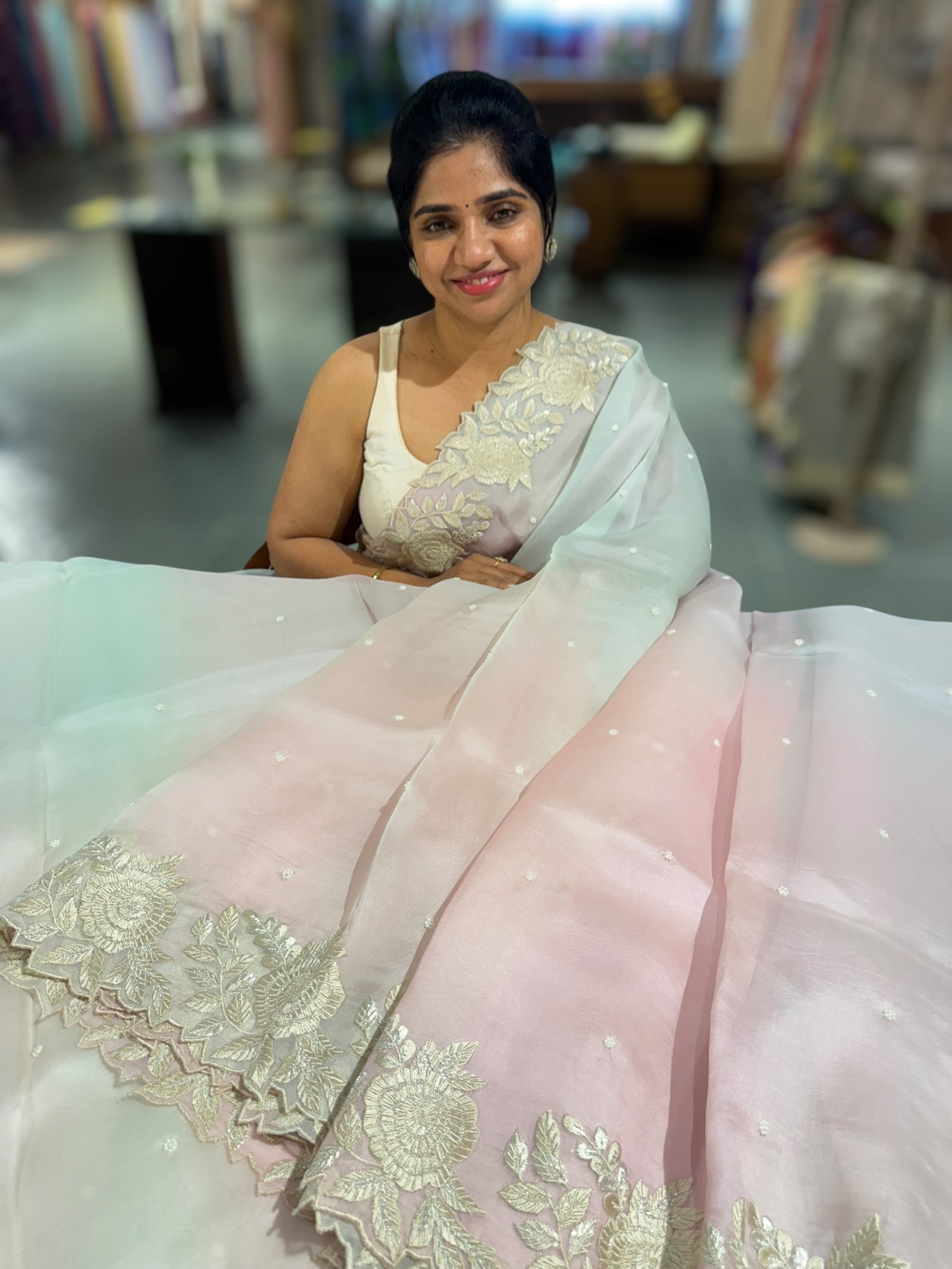 Ombre dyed Pure Organza Saree with parsi gara embroidery