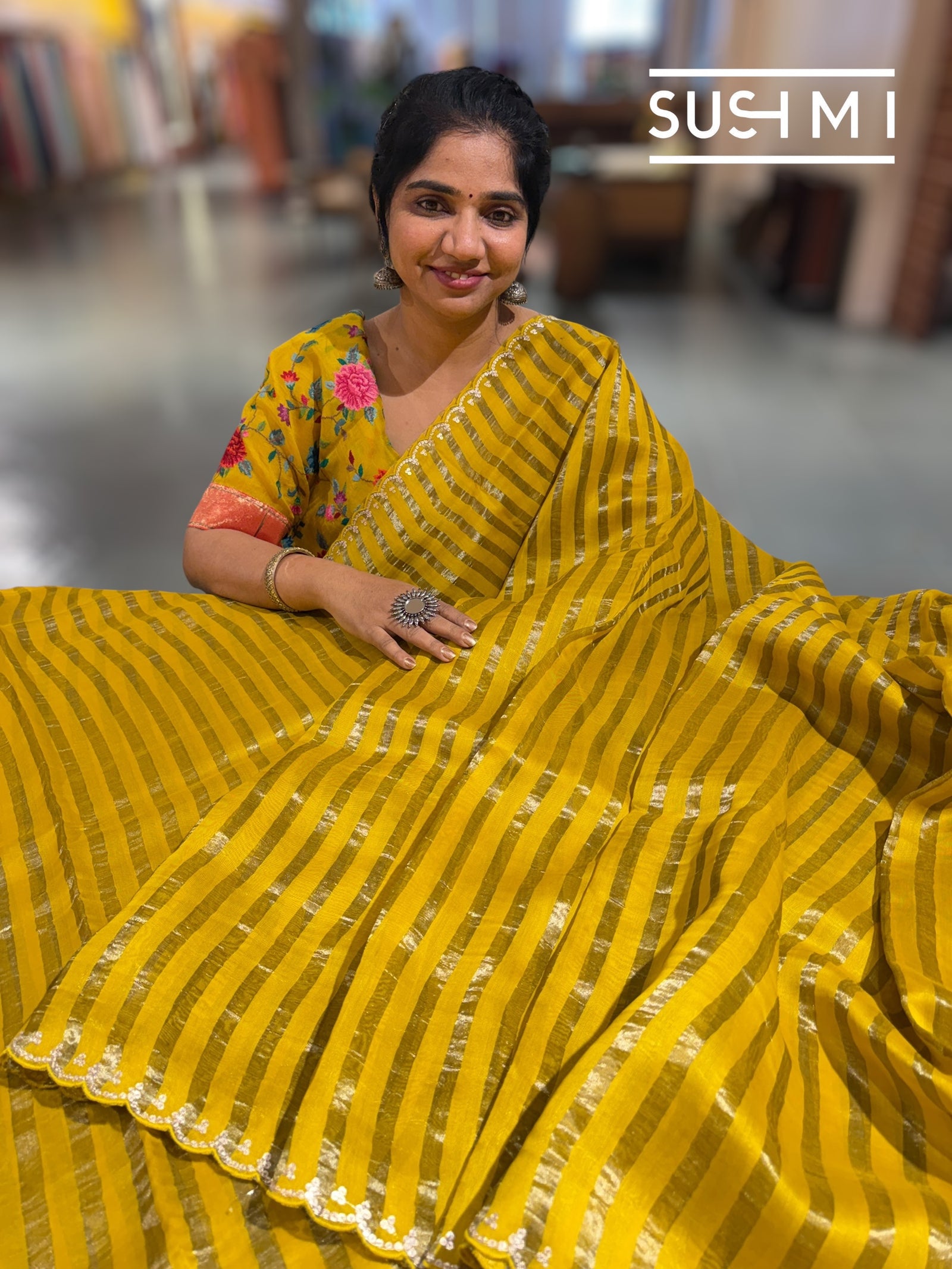 Mango Yellow Mul tissue stripes saree with fusion blouse : D62135