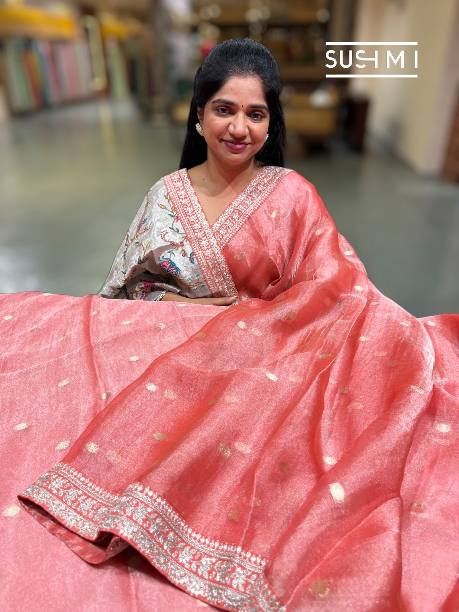Coral Banarasi Tissue Saree : S62F223