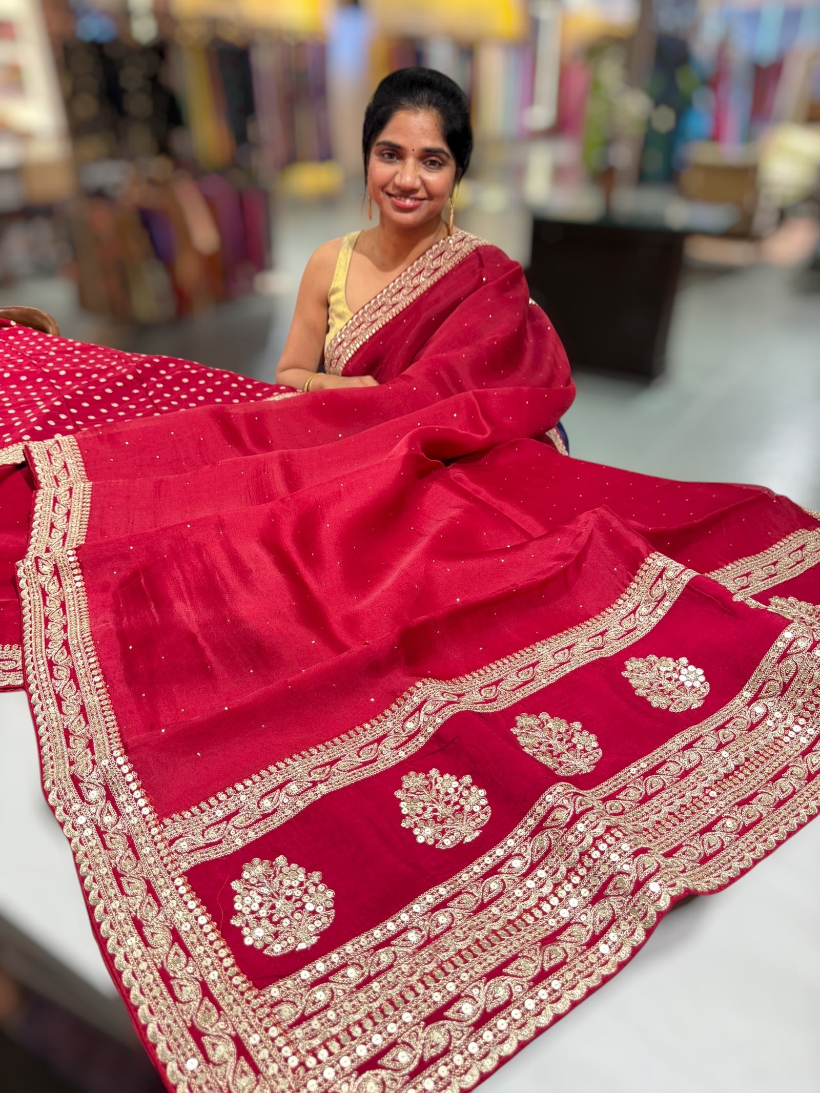 Maroon Red Pure Organza Saree with allover mukaish work & sabyasachi borders
