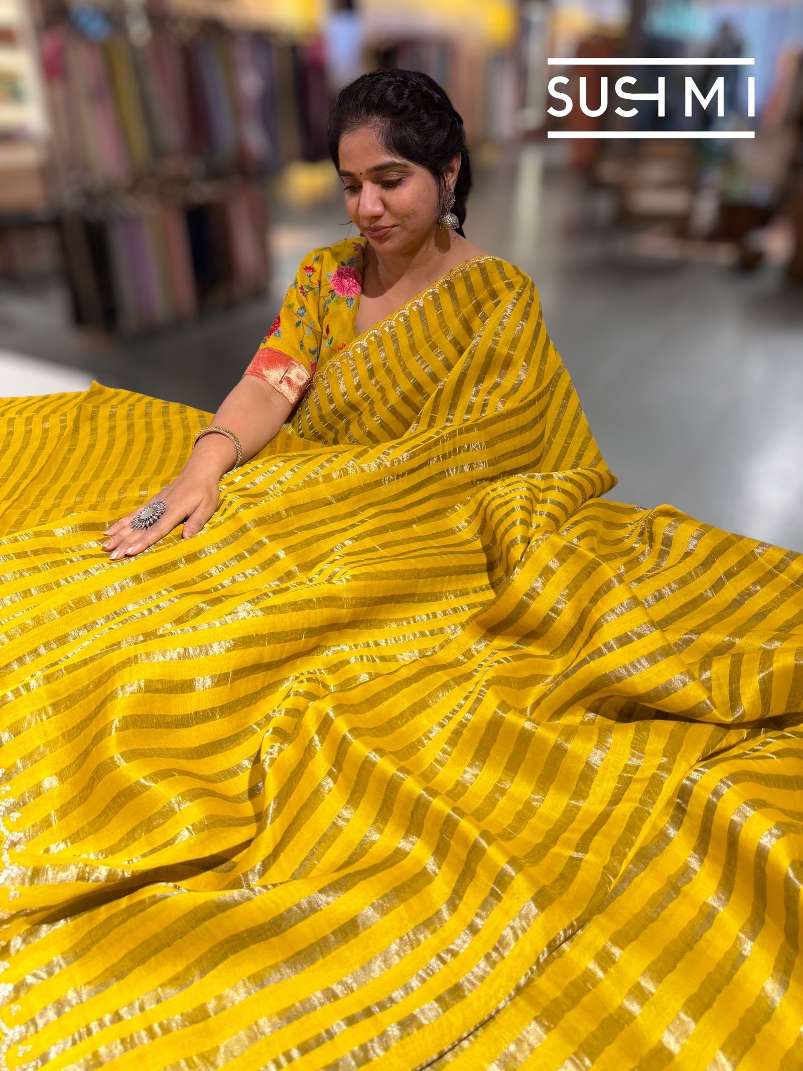 Mango Yellow Mul tissue stripes saree with fusion blouse : D62135